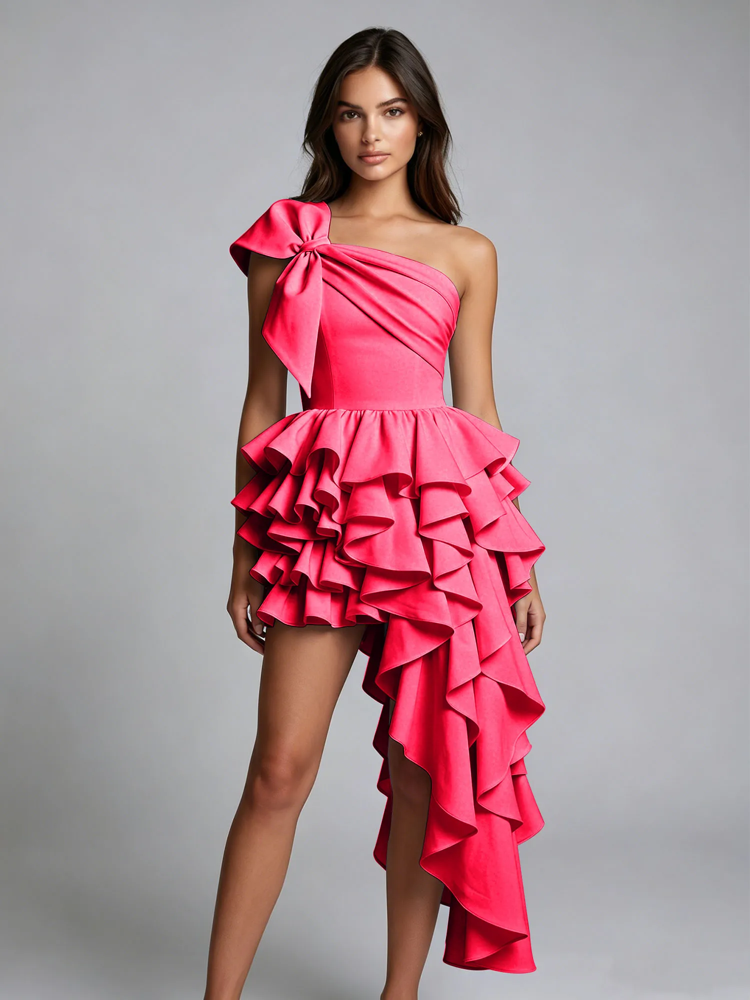One-Shoulder Bow Tiered Ruffle Asymmetrical Homecoming Dress