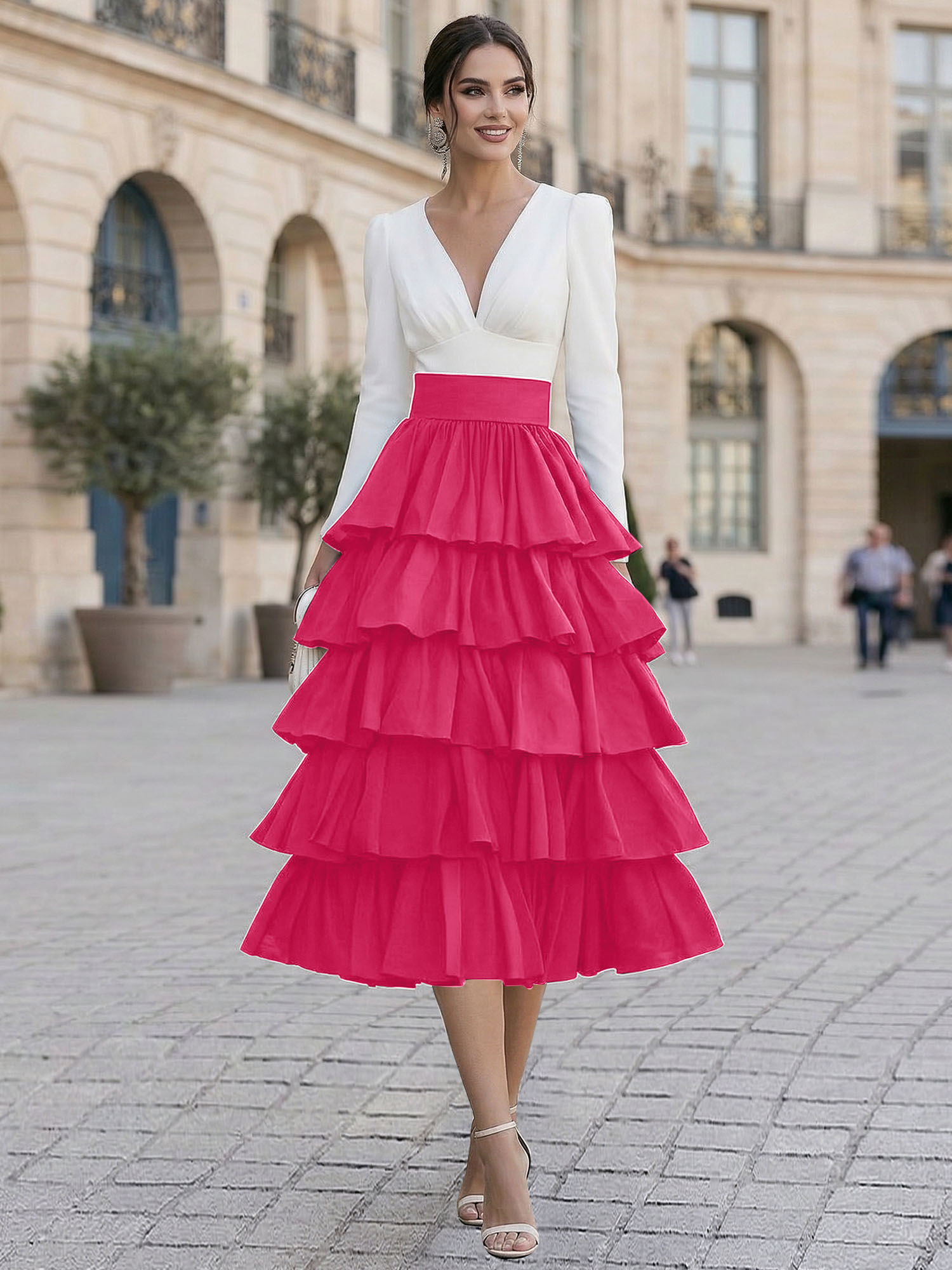 Elegant V-Neck Long Sleeve Tiered Ruffle Midi Dress with Contrast Waistband