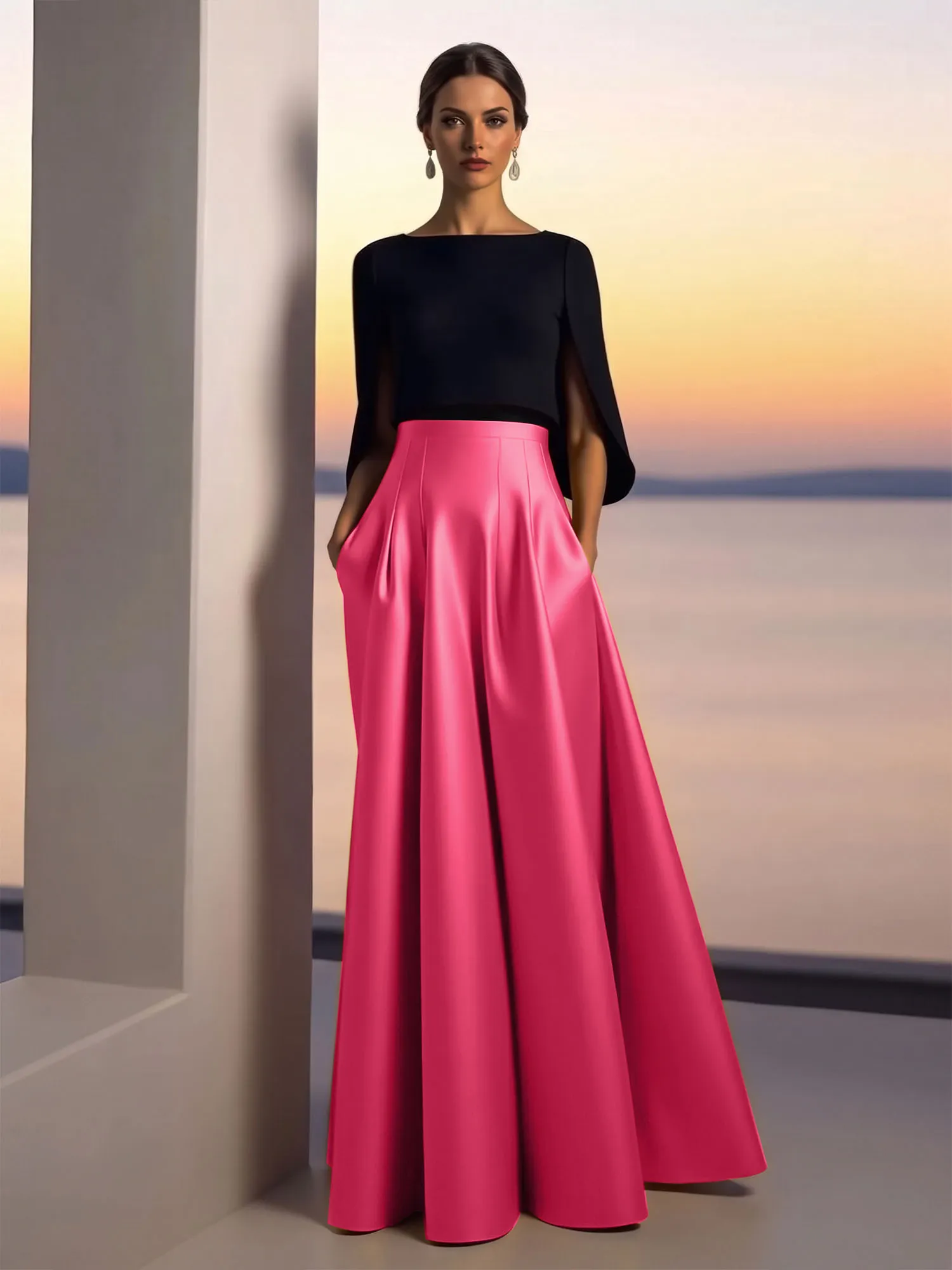 Two-Piece Cape Sleeve Satin Ball Gown Evening Dress