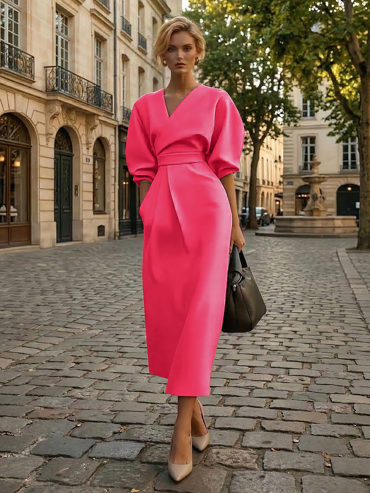 Sophisticated Camel V-Neck Balloon Sleeve Midi Dress Evening Gown