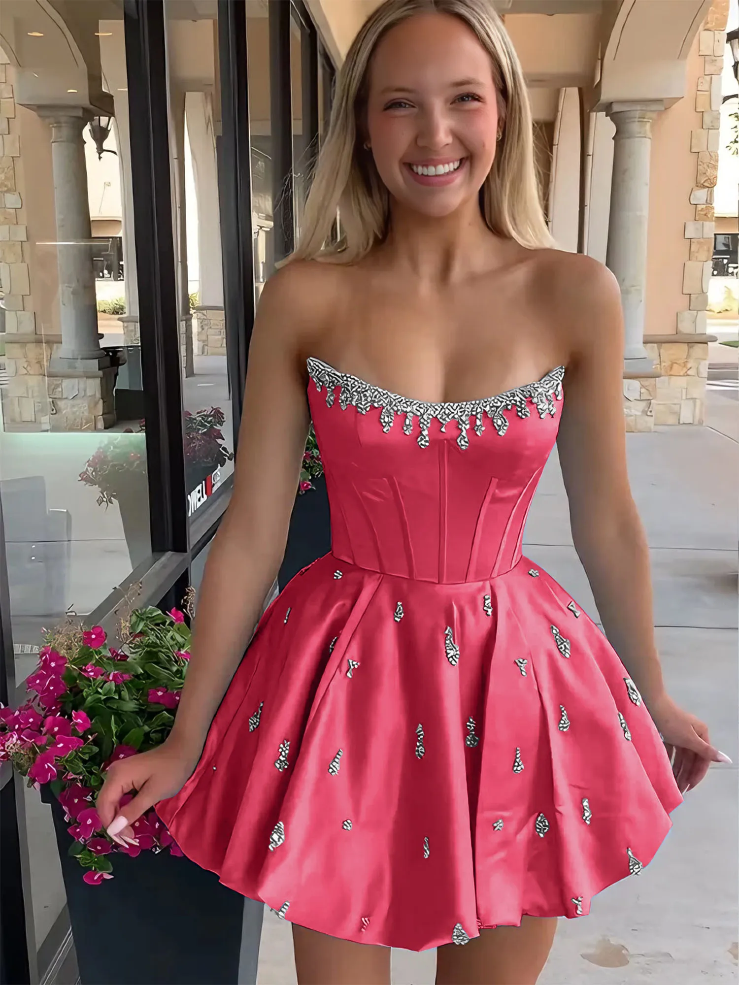 Strapless Beaded Corset Lace-Up Back Satin Homecoming Dress
