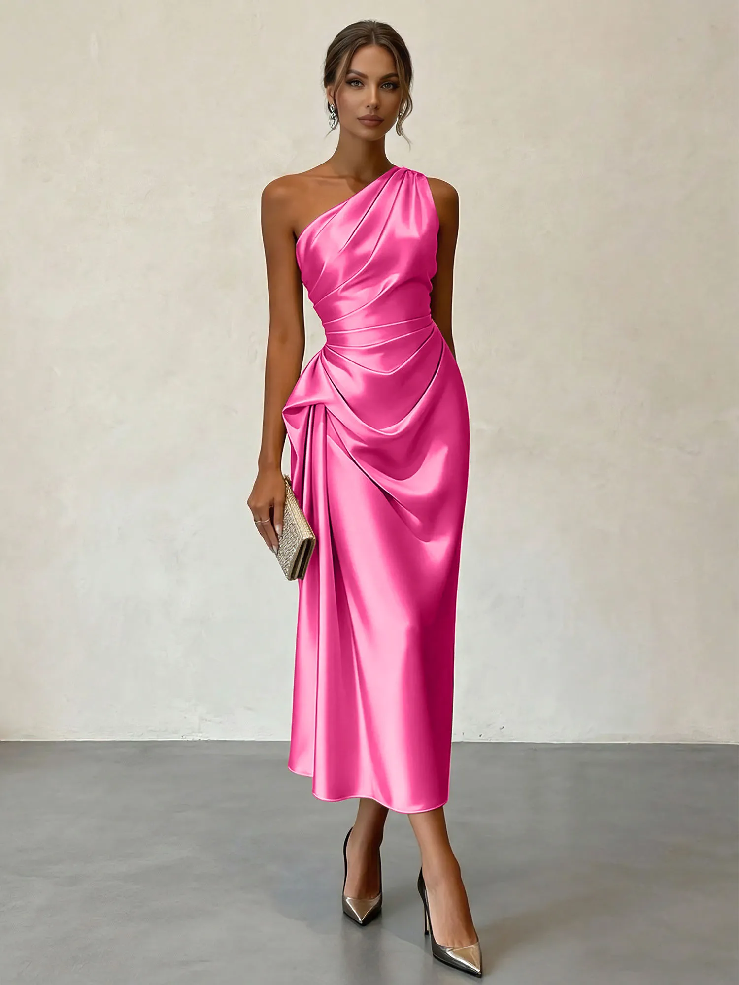 One-Shoulder Ruched Satin Midi Evening Dress with Draped Detail