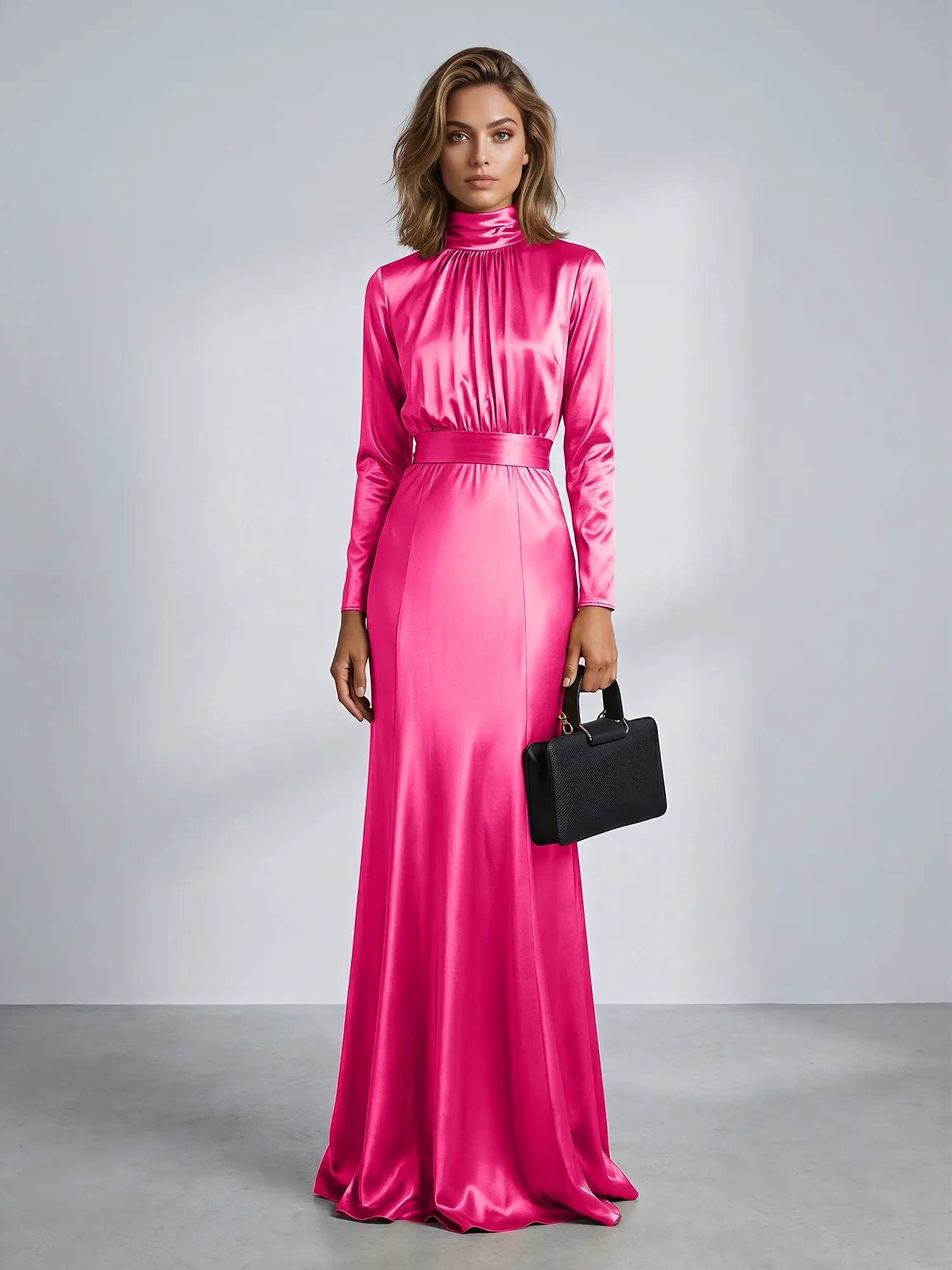 High Neck Long Sleeve Satin Mermaid Evening Gown with Waist Sash