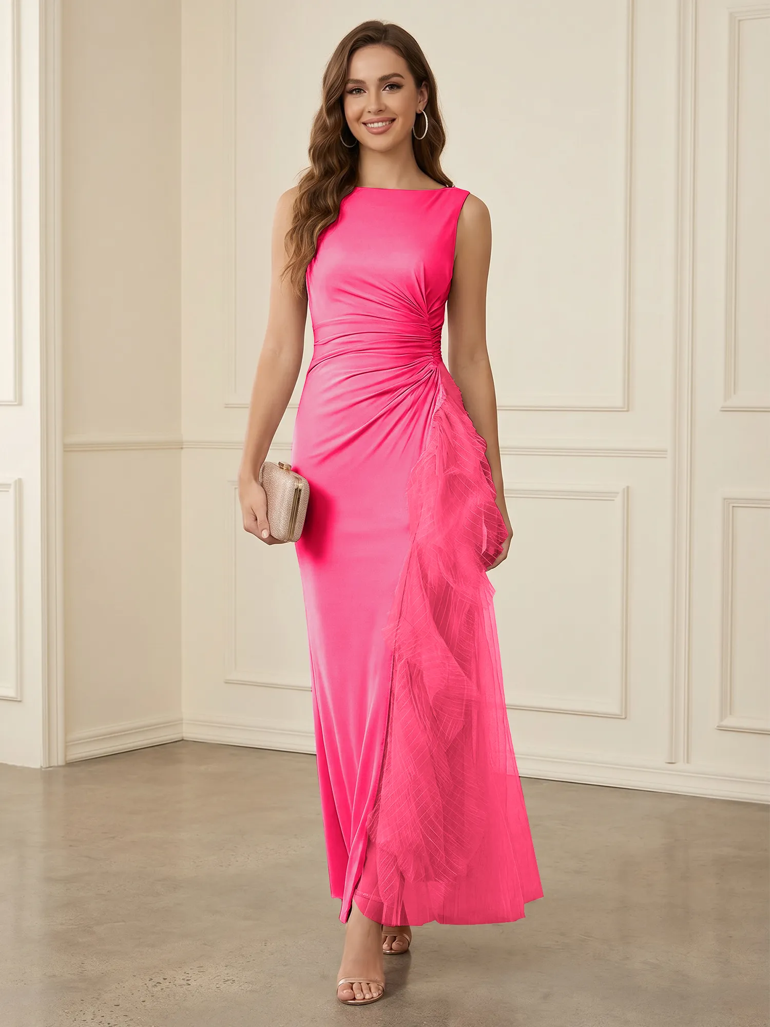 Sleeveless Ruched Sheath Evening Gown with Tulle Ruffle Detail