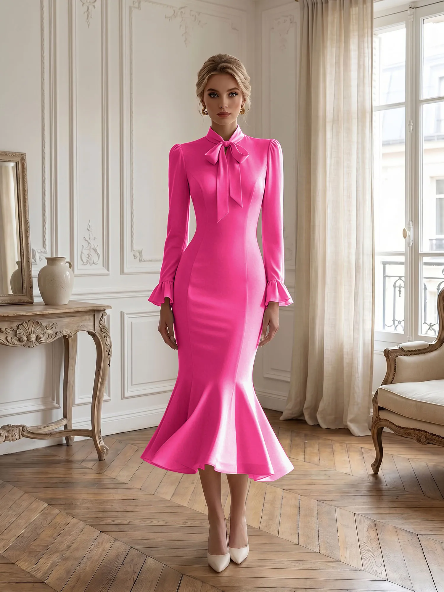 High Neck Bow Tie Long Sleeve Midi Mermaid Evening Dress
