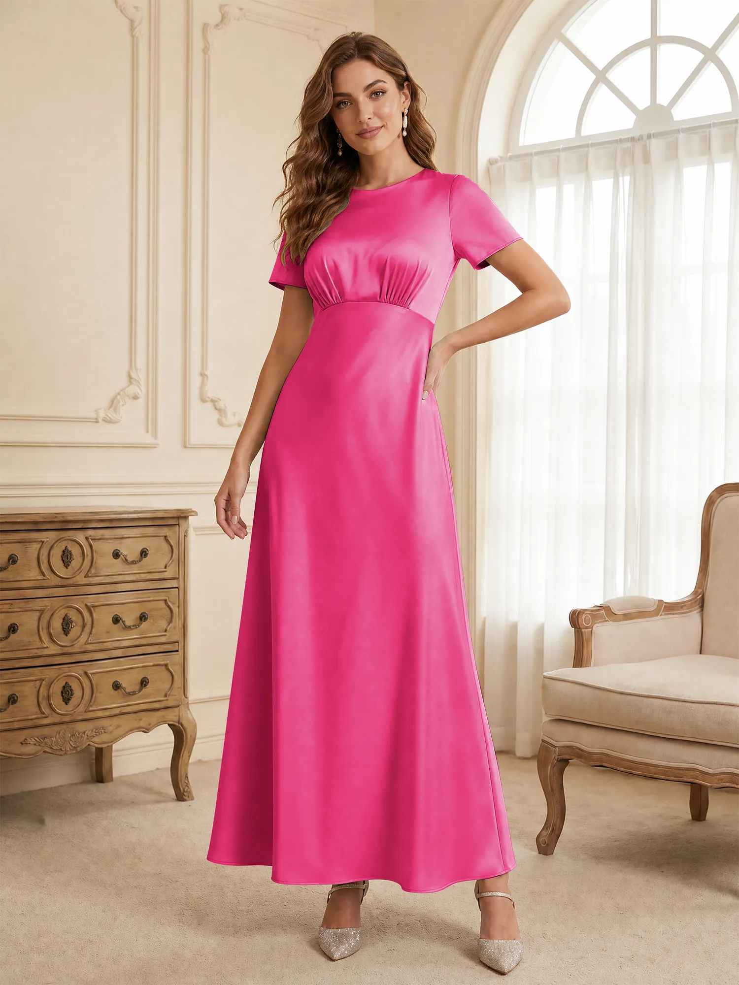 Round Neck Short Sleeve Satin Bridesmaid Dress