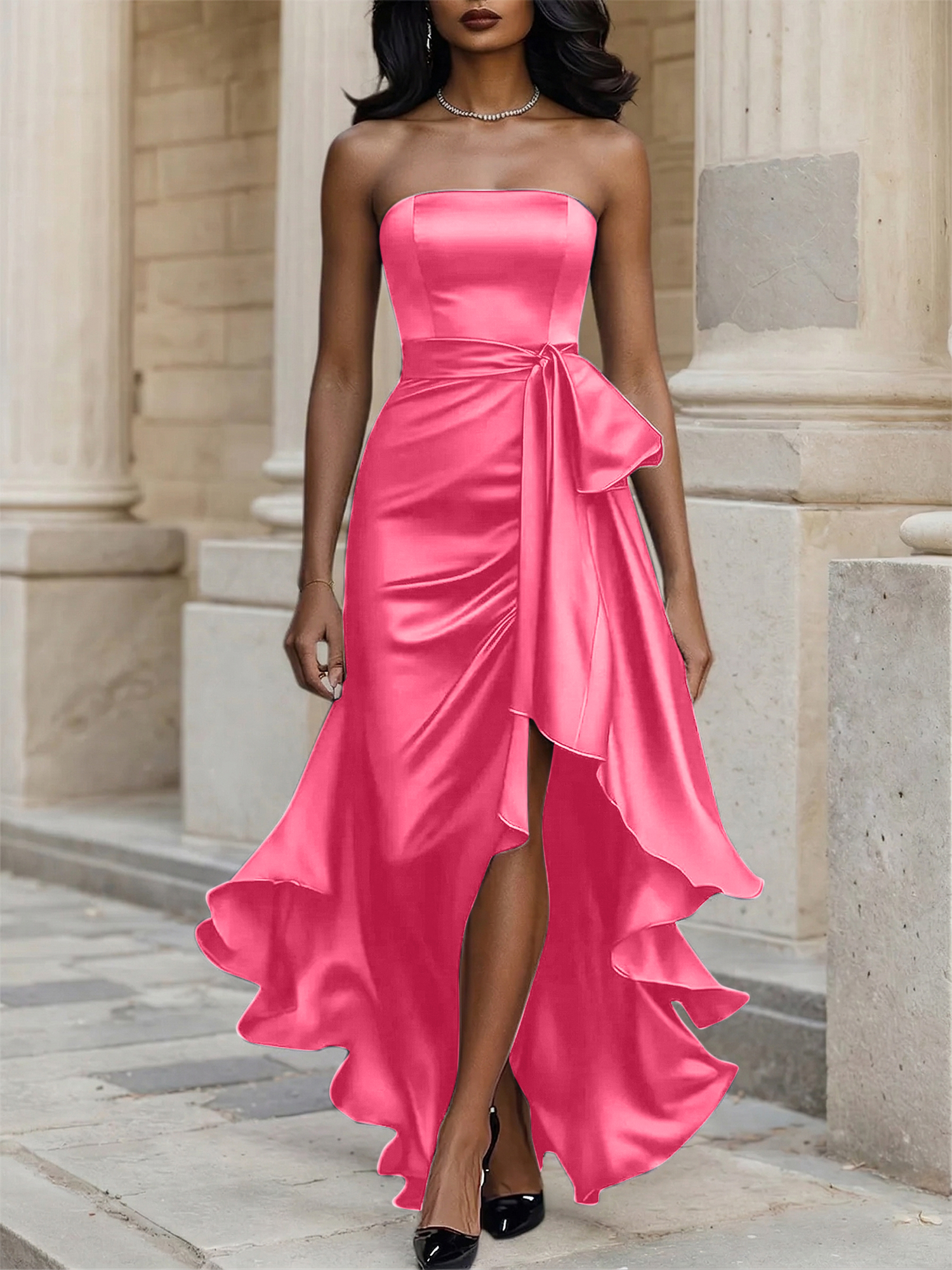 Glamorous Formal Dress Midnight Navy Strapless High-Low Satin Gown Midi Dress