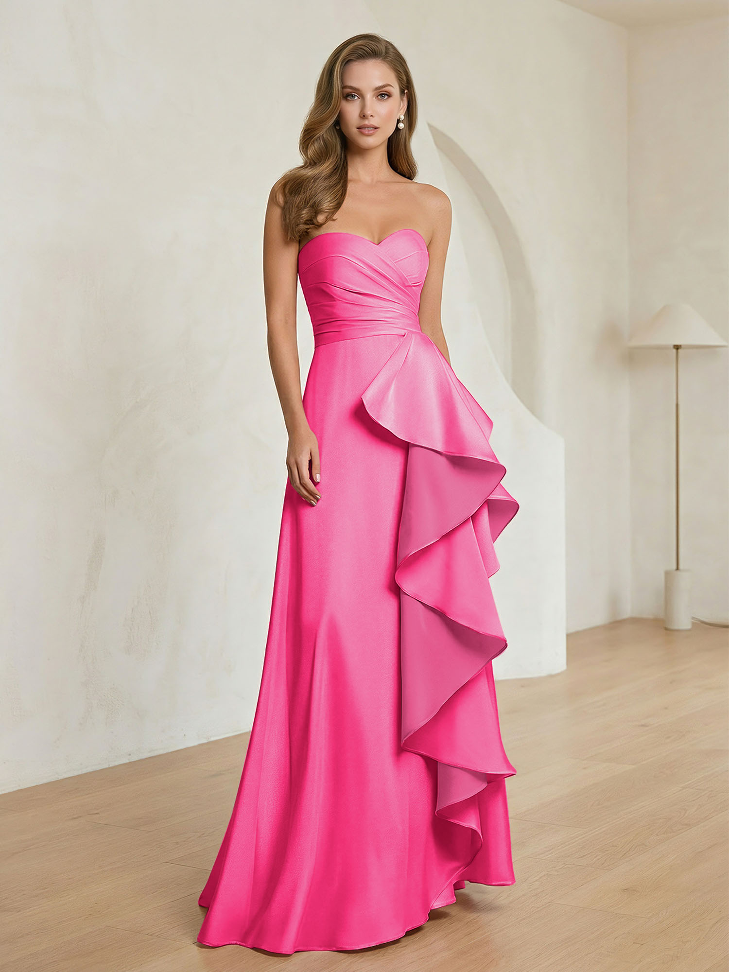 Formal Evening Dress Blush Strapless Ruffle Maxi Dress Gown