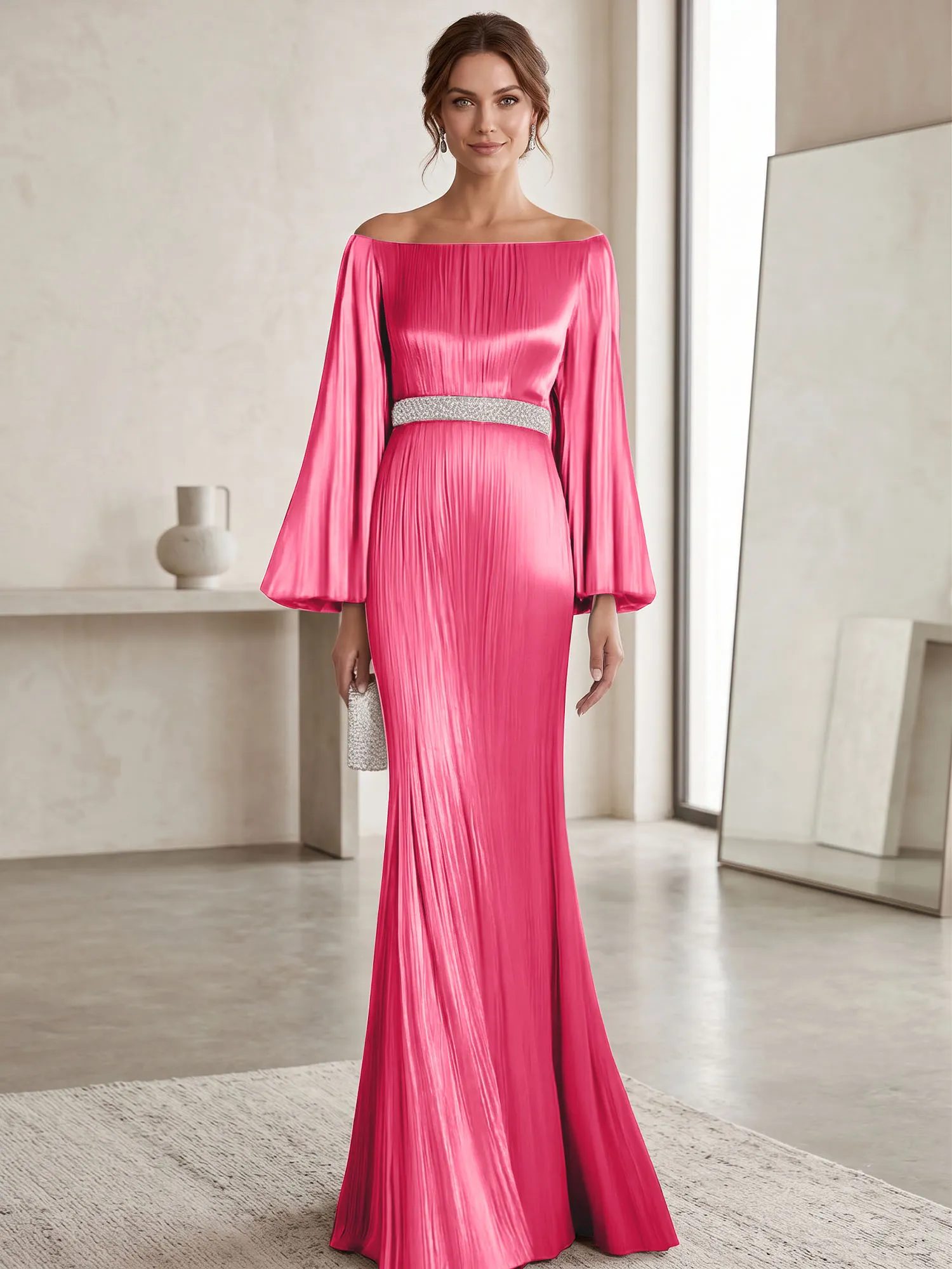 Off-the-Shoulder Pleated Satin Evening Gown with Beaded Waistband