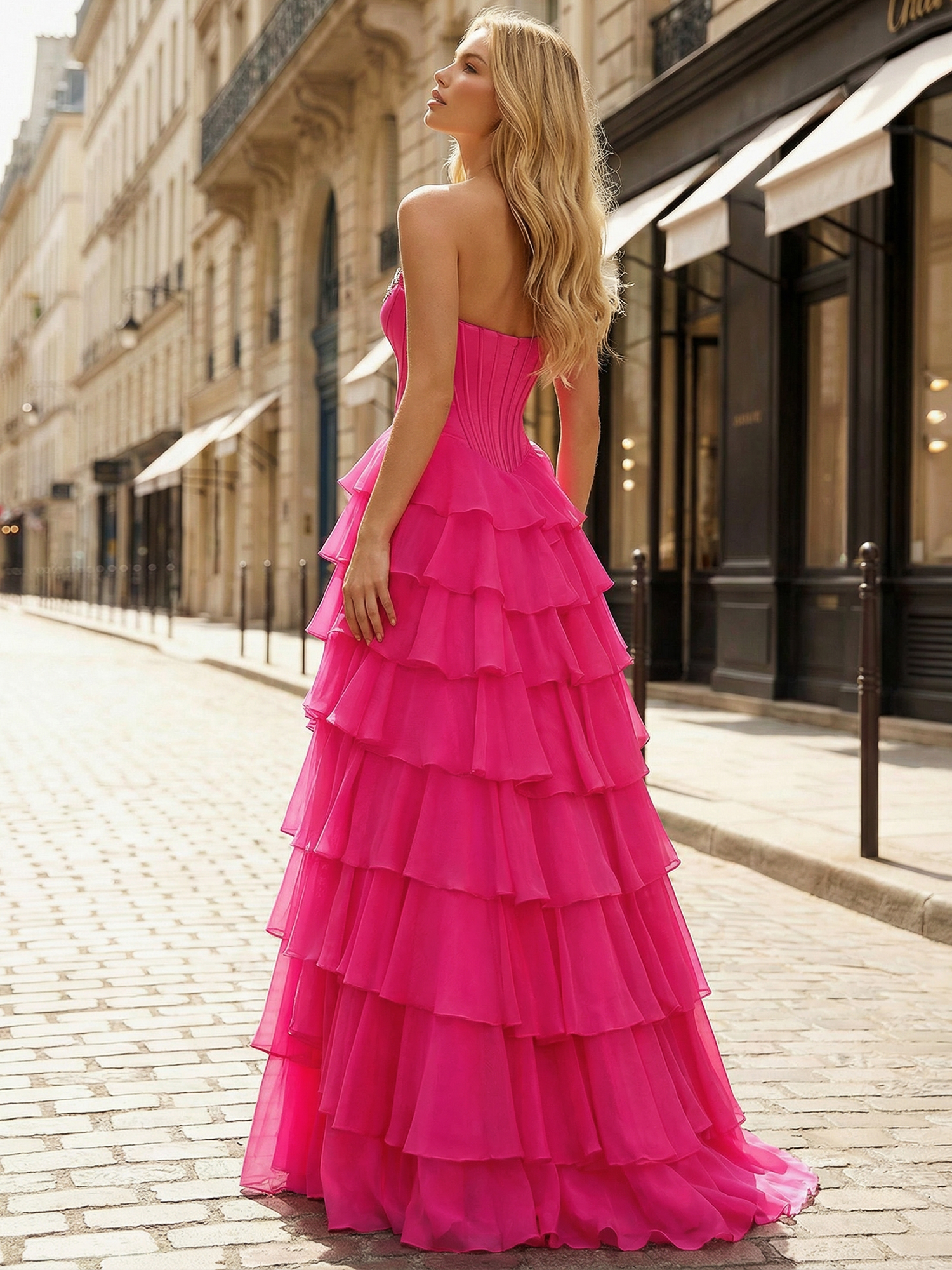 Hot Pink Strapless Corset Prom Gown with Tiered Ruffle Skirt 