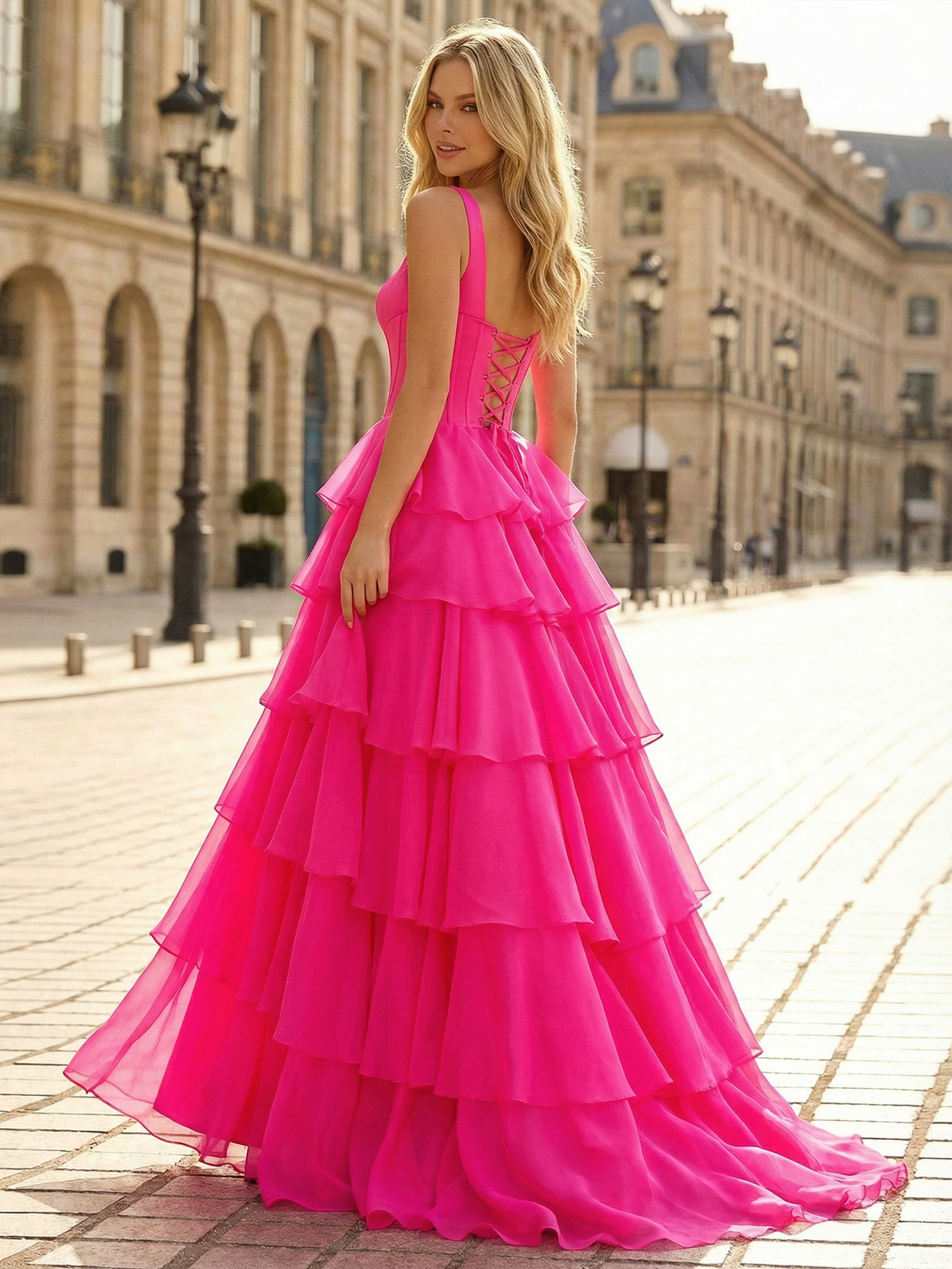 Hot Pink Strapless Corset Prom Gown with Tiered Ruffle Skirt 