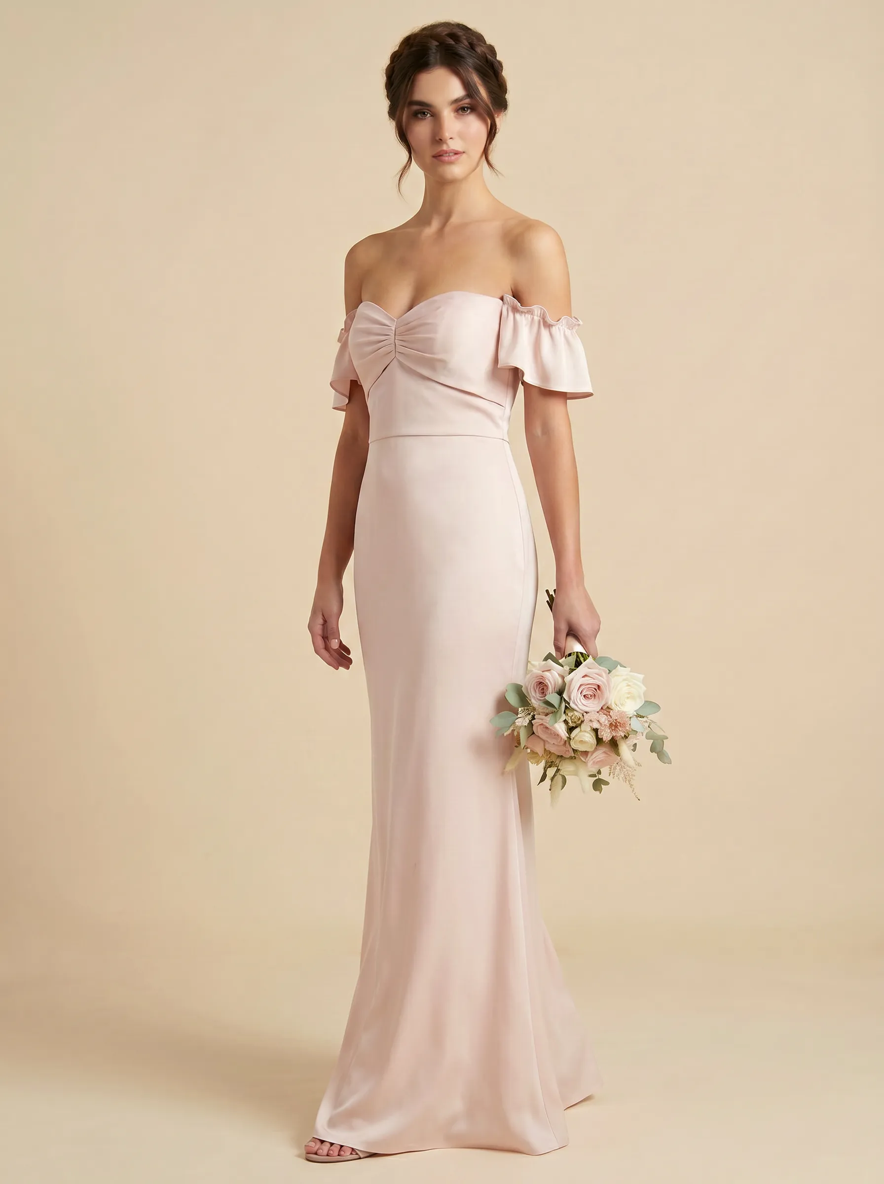Blush Pink Off-the-Shoulder Ruffle Sleeve Bridesmaid Dress