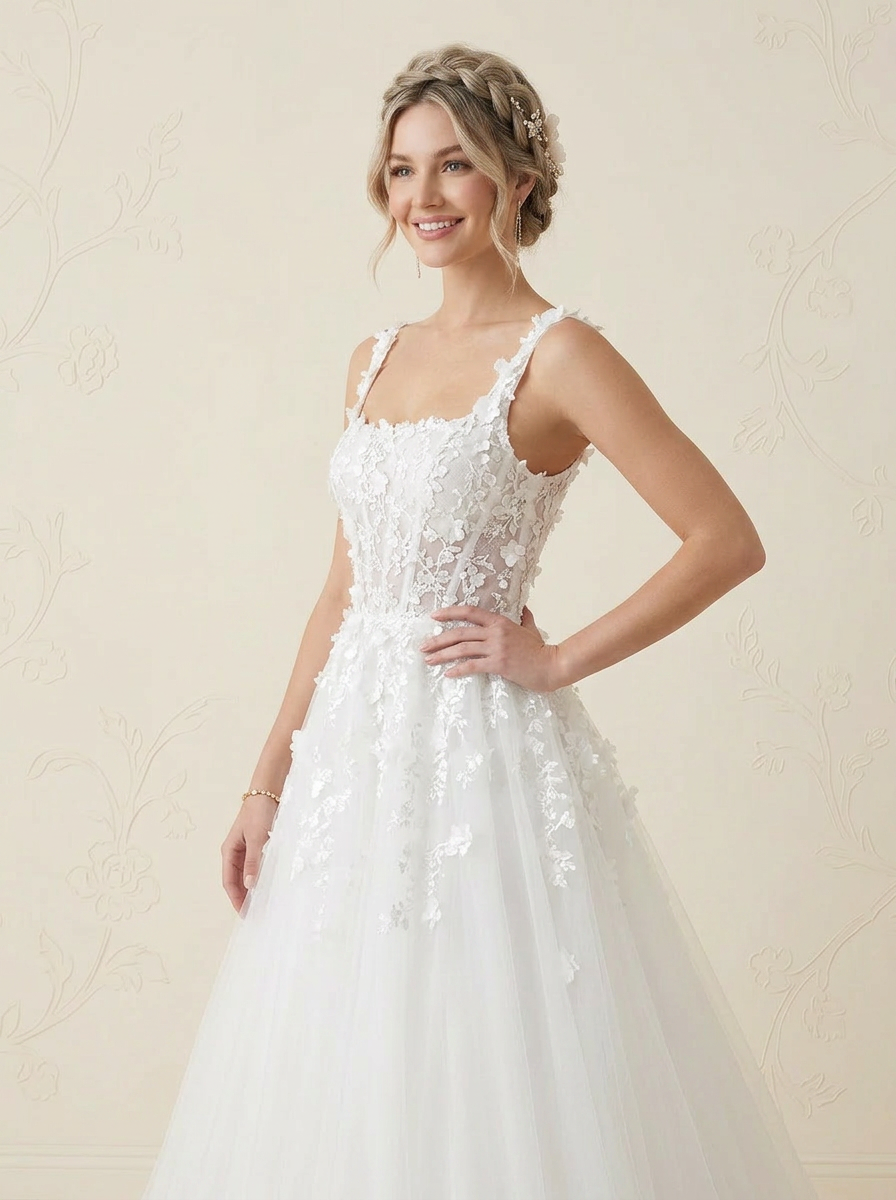 White Ethereal 3D Floral Applique Corset Tulle Wedding Dress