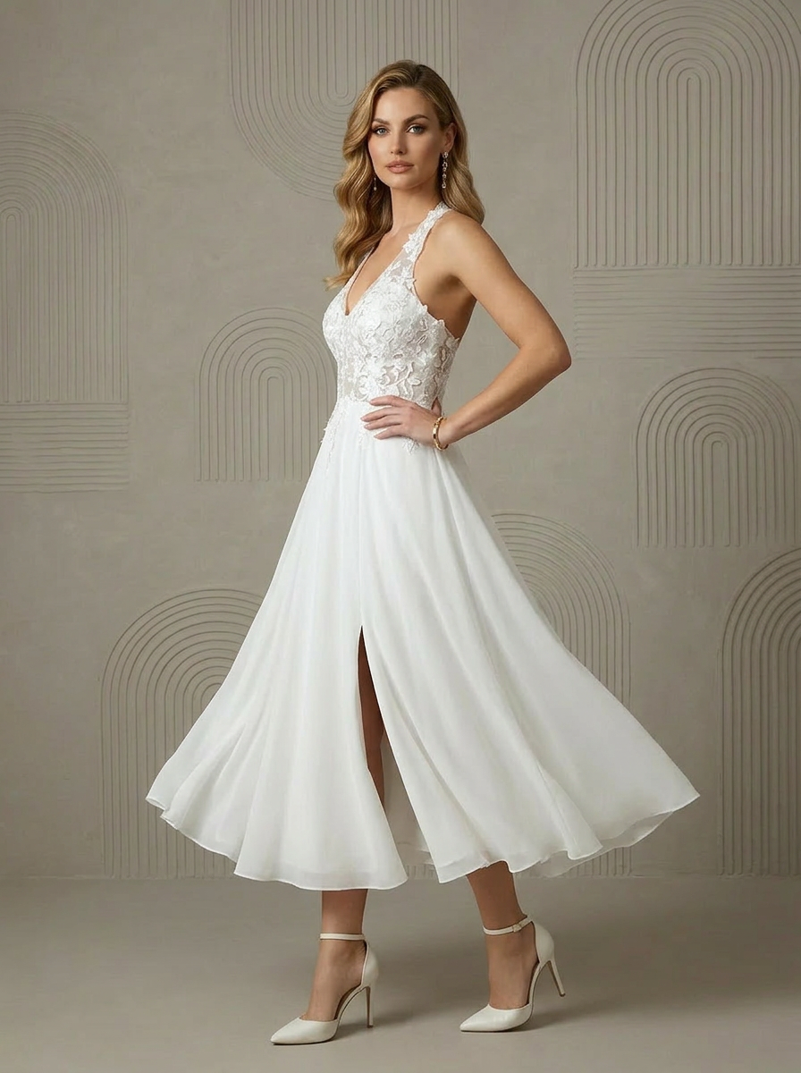 Ethereal White Floral Lace Halter A-Line Wedding Dress