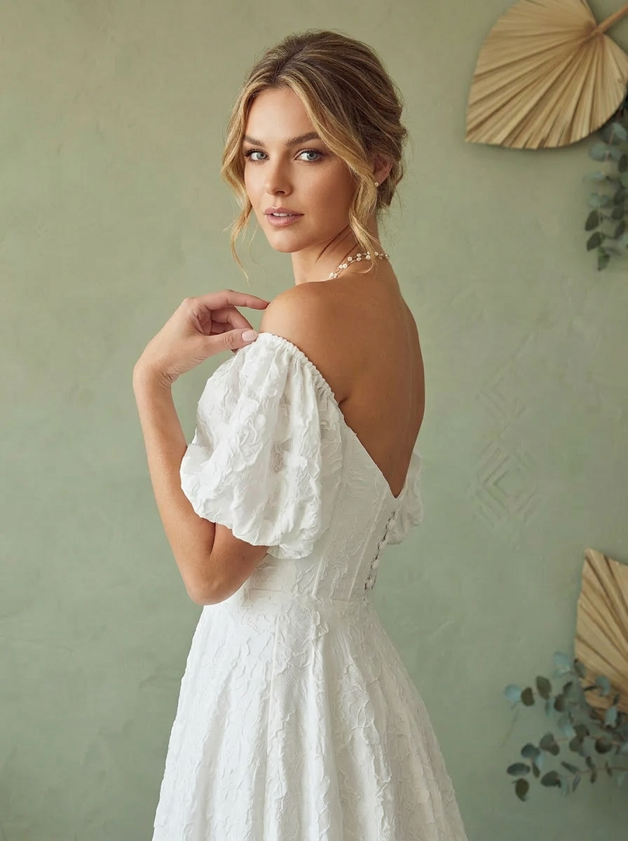 White Ethereal Floral Off-the-Shoulder A-Line Wedding Dress