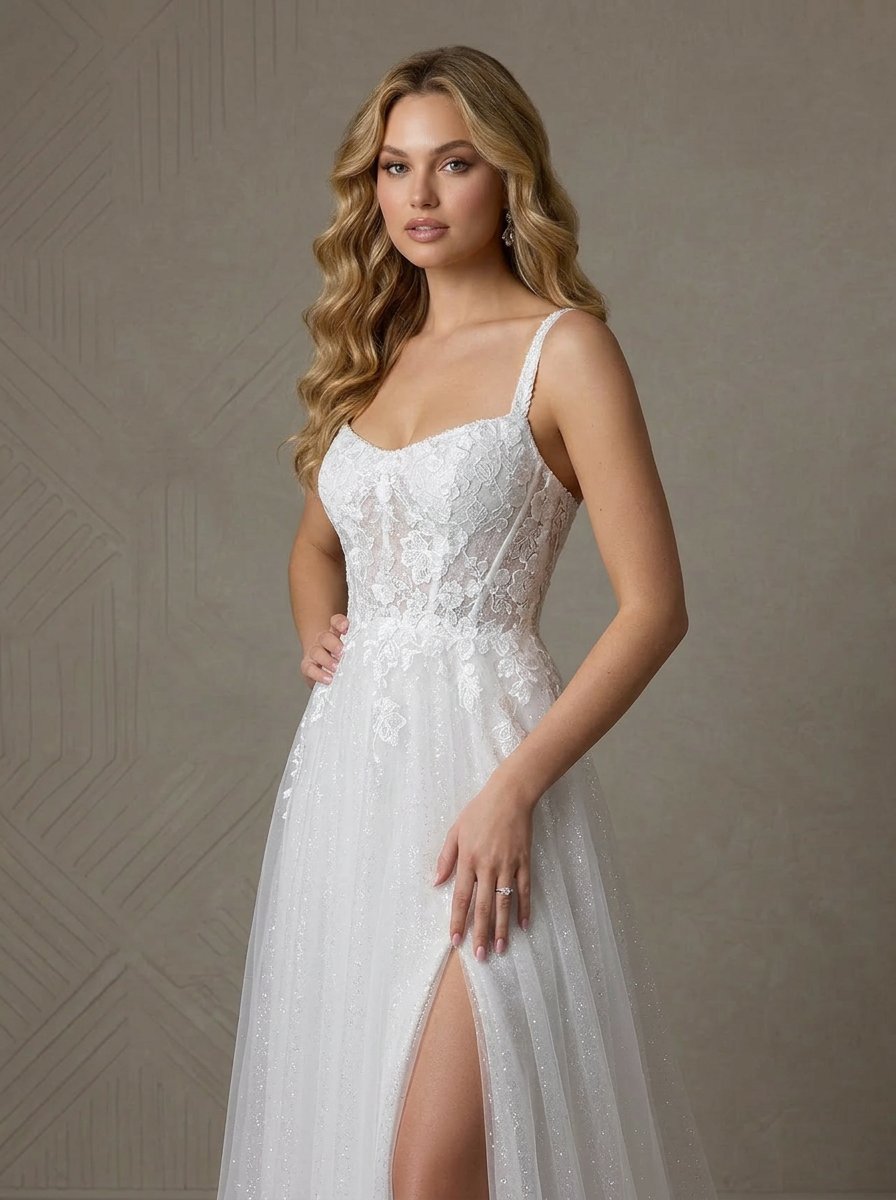 White Ethereal Floral Appliqué Tulle Wedding Dress with High Slit
