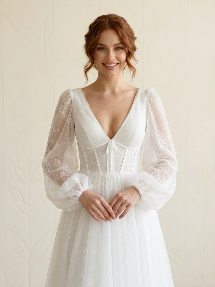 White Enchanting Lace-Up Corset Wedding Dress with Balloon Sleeves
