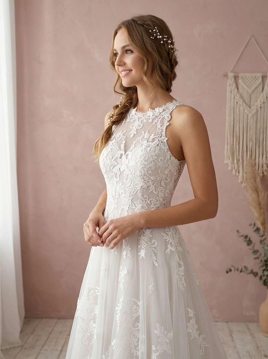 White Timeless High-Neck Lace A-Line Tulle Wedding Dress