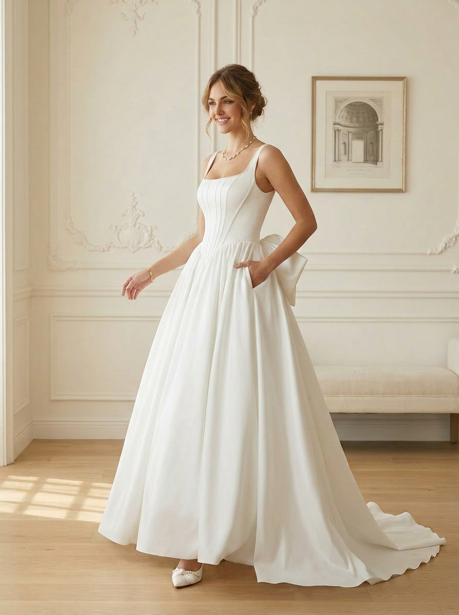 Ivory Ball-Gown with Pockets Stretch Satin Wedding Dress