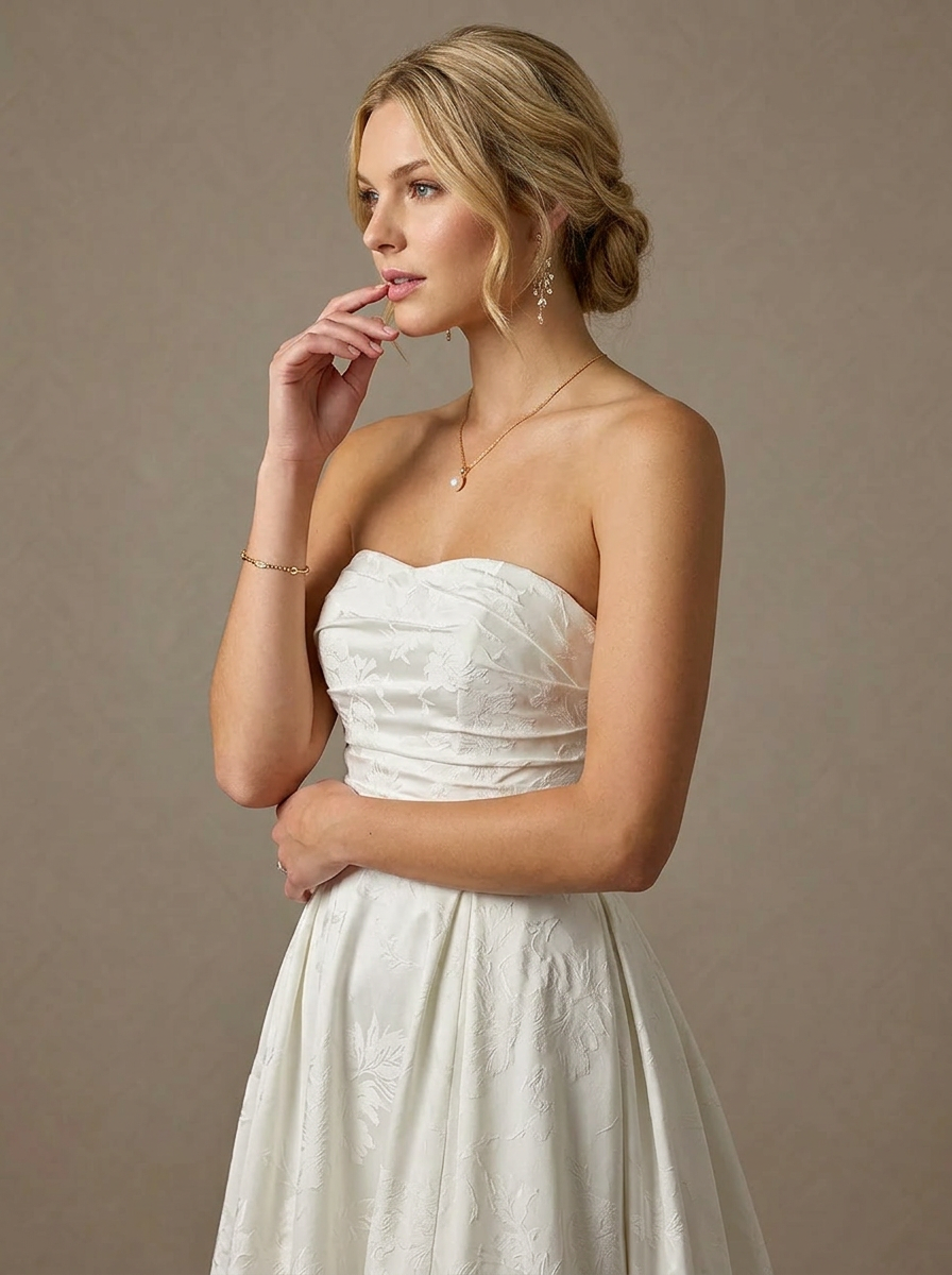 Ivory A-Line Strapless Floral Jacquard Wedding Dress