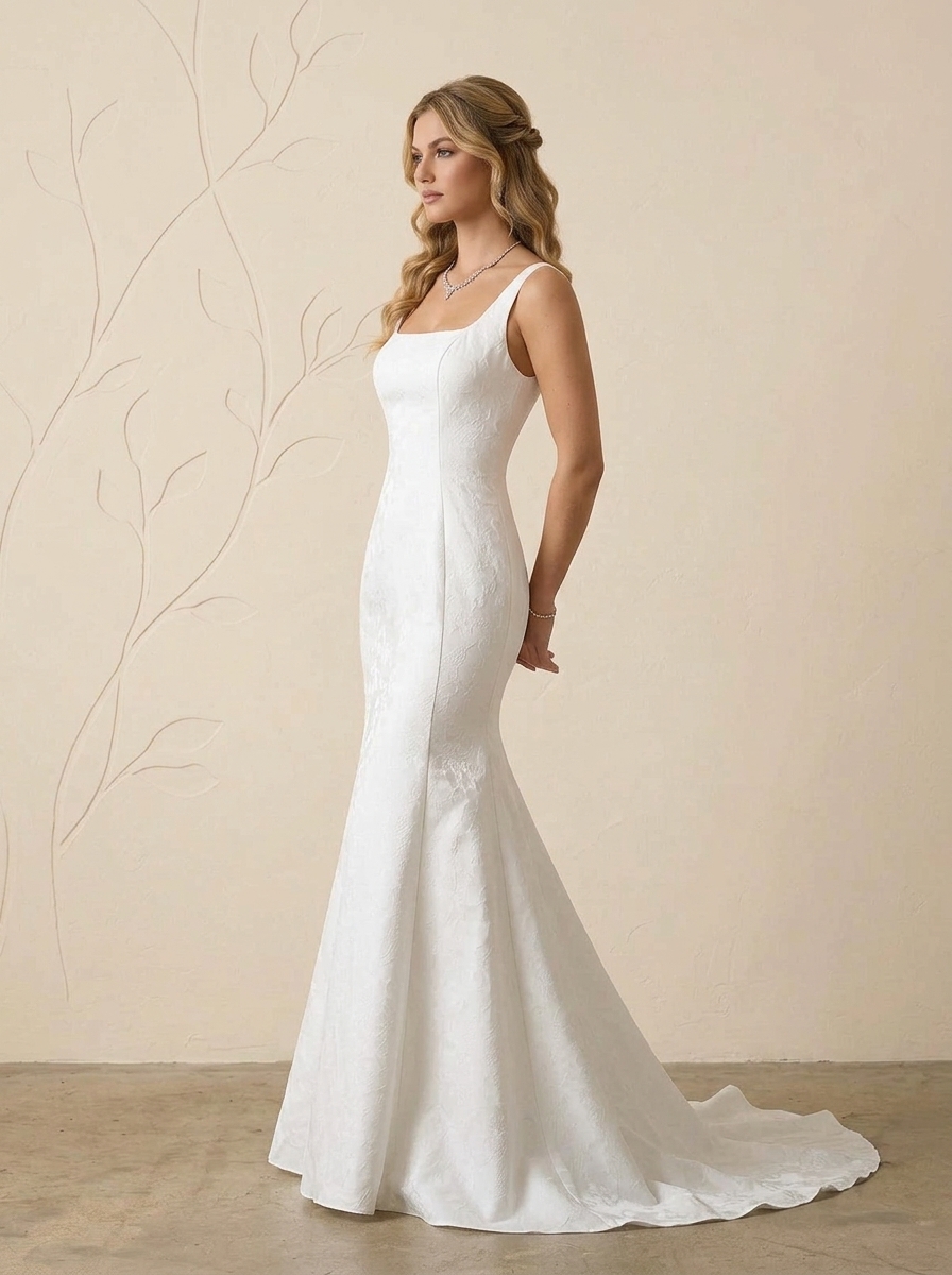 White Mermaid Square Neckline Floral Jacquard Wedding Dress