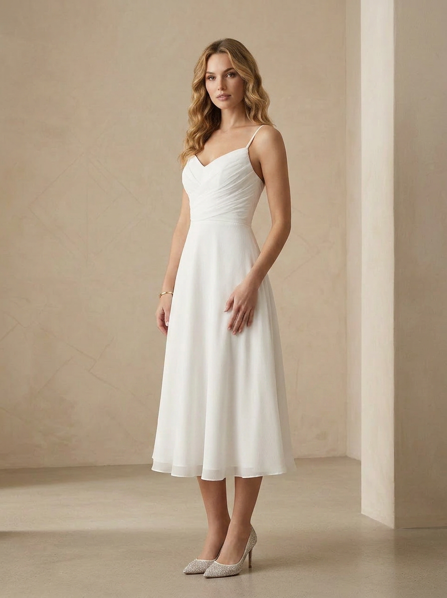 White A-Line V-Neck Pleated Crinkle Chiffon Wedding Dress