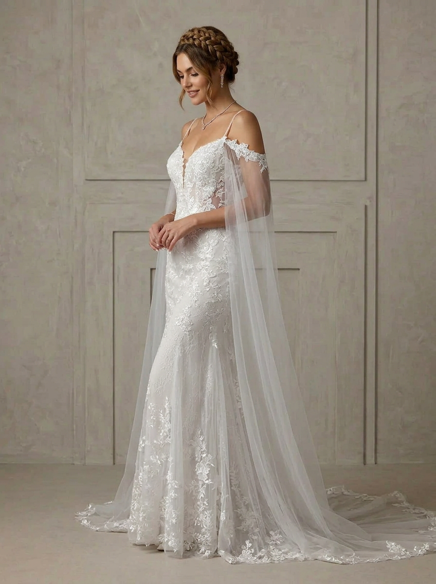 White Mermaid V-Neck Sequins Tulle Wedding Dress with Detachable Cape