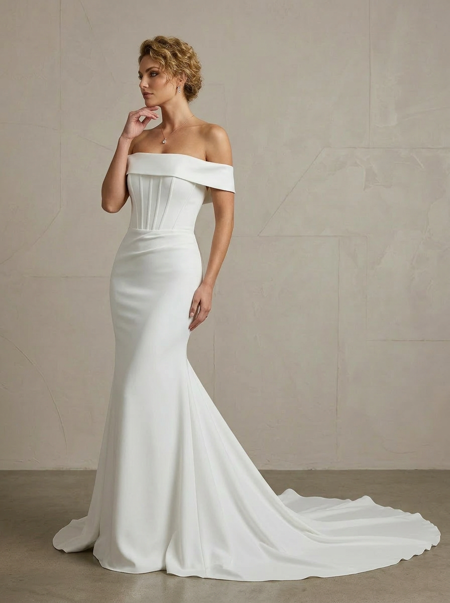 Sculptural Ivory Crepe Mermaid Wedding Dress with Convertible Train