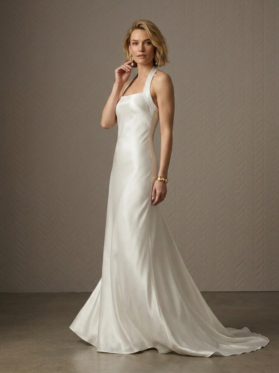 Sleek Ivory Liquid Satin Halter A-Line Wedding Dress
