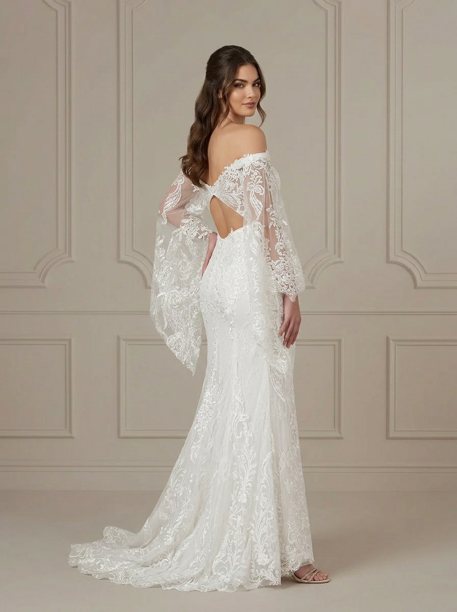 White Ethereal Off-The-Shoulder Bell Sleeve Lace Wedding Dress with Keyhole Back