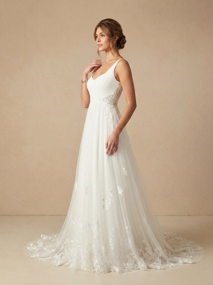 White Romantic Scoop Neck Crepe Wedding Dress with Soft Tulle Overlay and Illusion Lace Deta