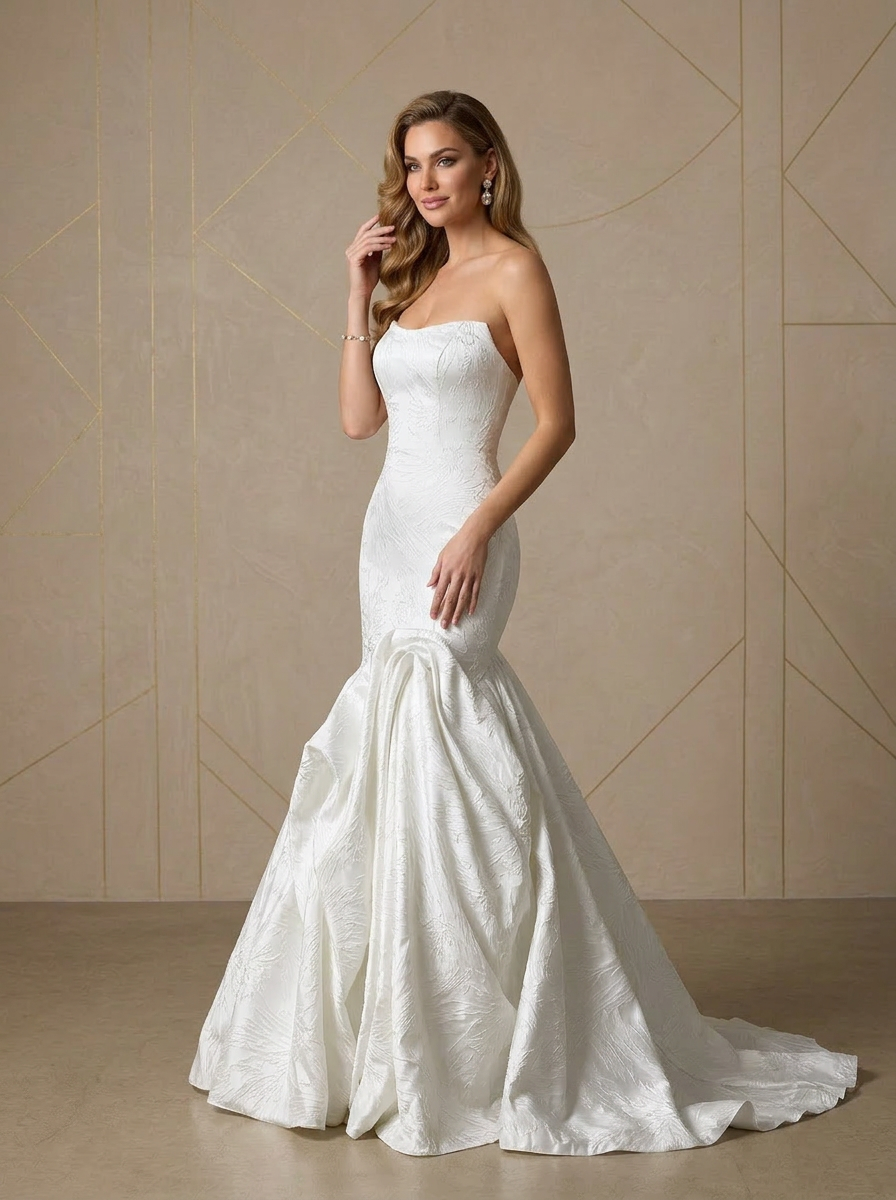 White Strapless Jacquard Mermaid Wedding Dress with Asymmetrical Rosette Flare and Covered Buttons