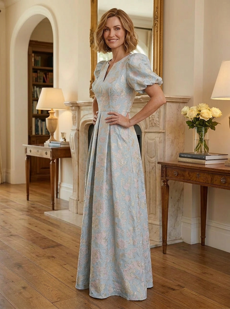 Powder Blue Pastel Floral Jacquard Puff Sleeve Maxi Mother of the Bride & Groom Dresses 
