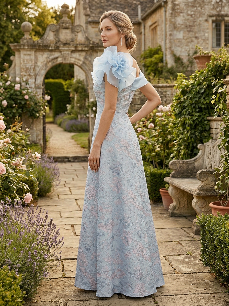Serene Powder Blue Floral Jacquard One-Shoulder A-Line Mother of the Bride & Groom Dresses
