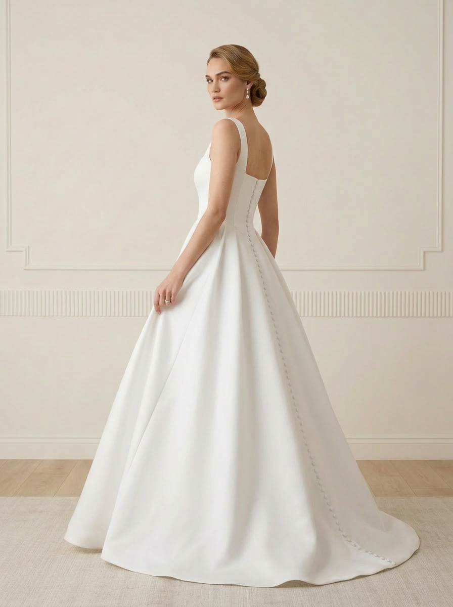 White Satin Square Neck Basque Waist Wedding Dress