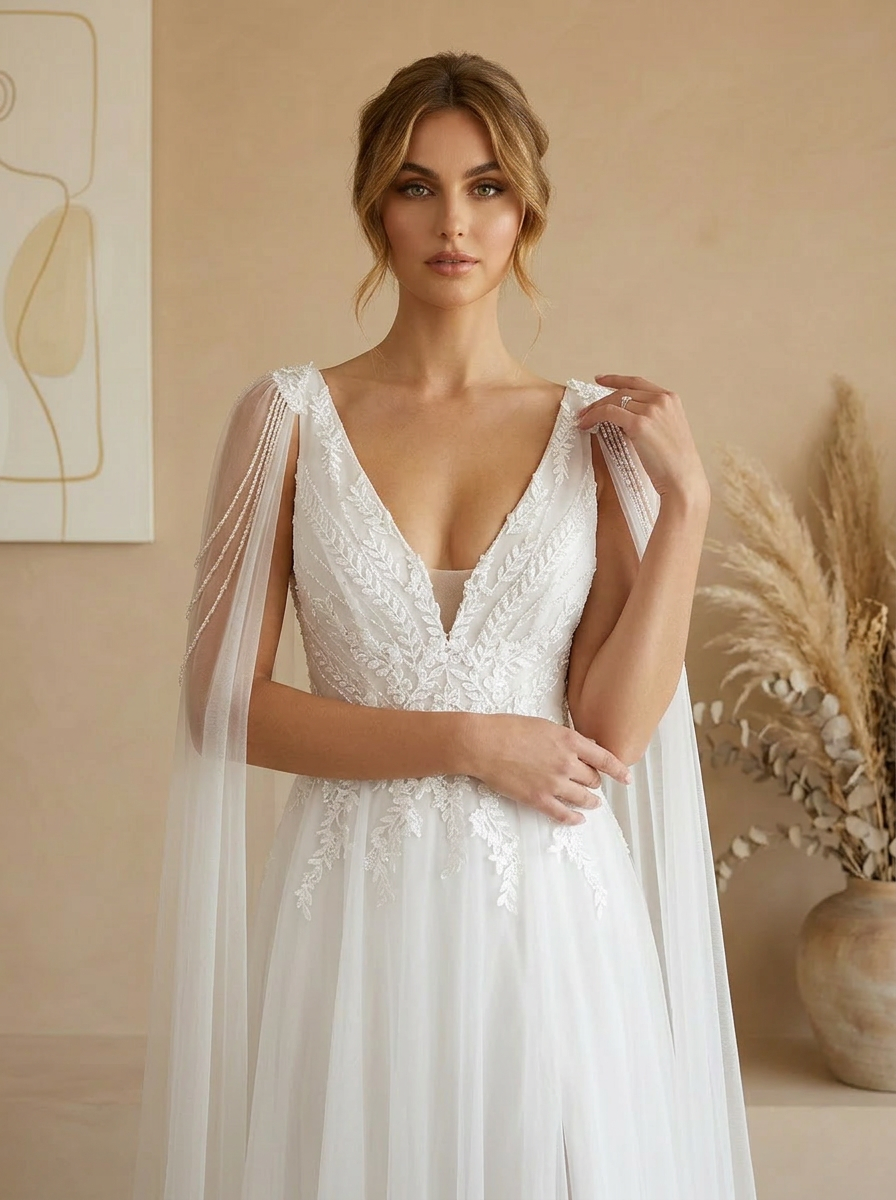 White Romance A-Line V-Neck Floral Lace Cape Sleeve Wedding Dress