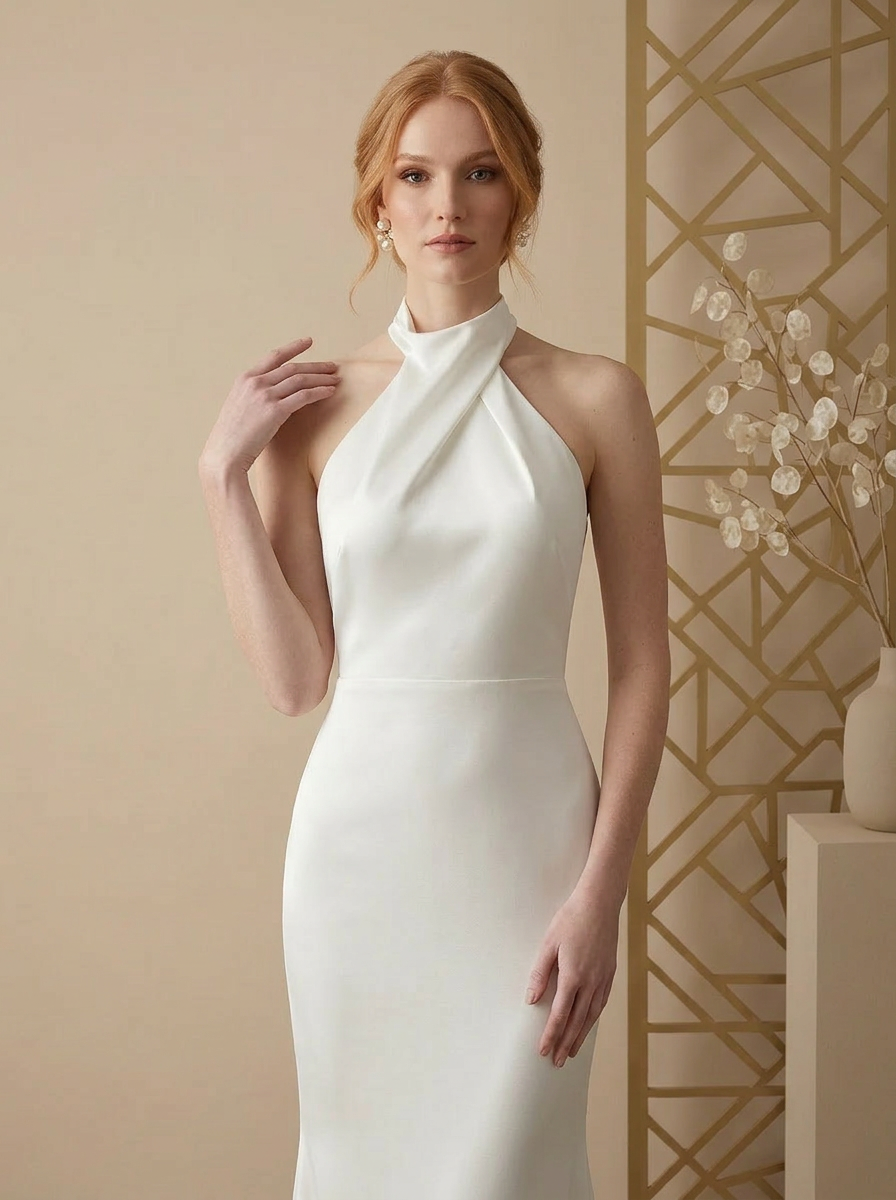 Ivory Sheath High Neck Halter Satin Wedding Dress