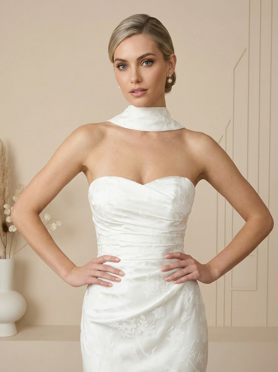 Ivory Sheath Floral Jacquard Strapless Wedding Dress