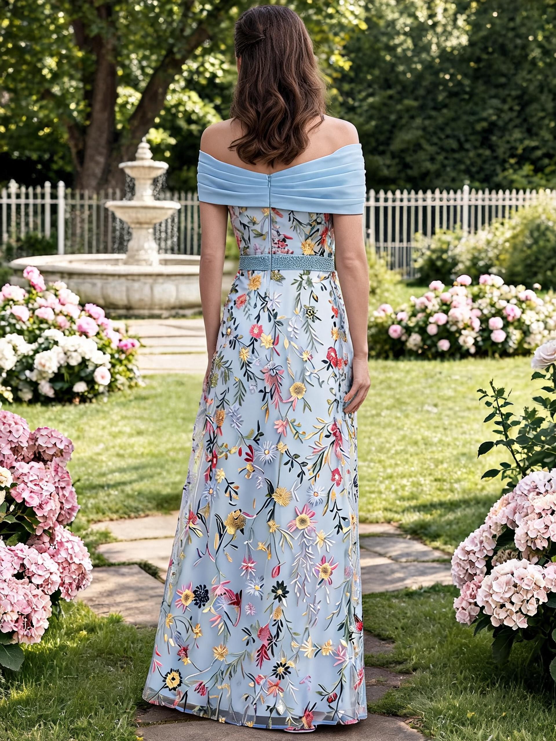 Enchanting Sky Blue Floral Embroidered A-Line Off-The-Shoulder Mother of the Bride & Groom Dresses