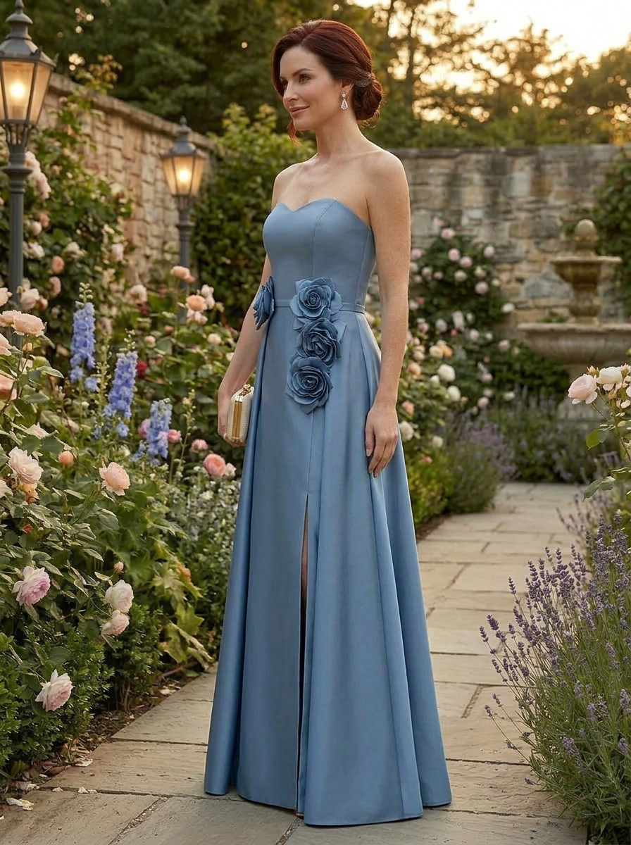Elegant Dusty Blue Floral Accent Strapless A-Line Mother of the Bride & Groom Dresses 