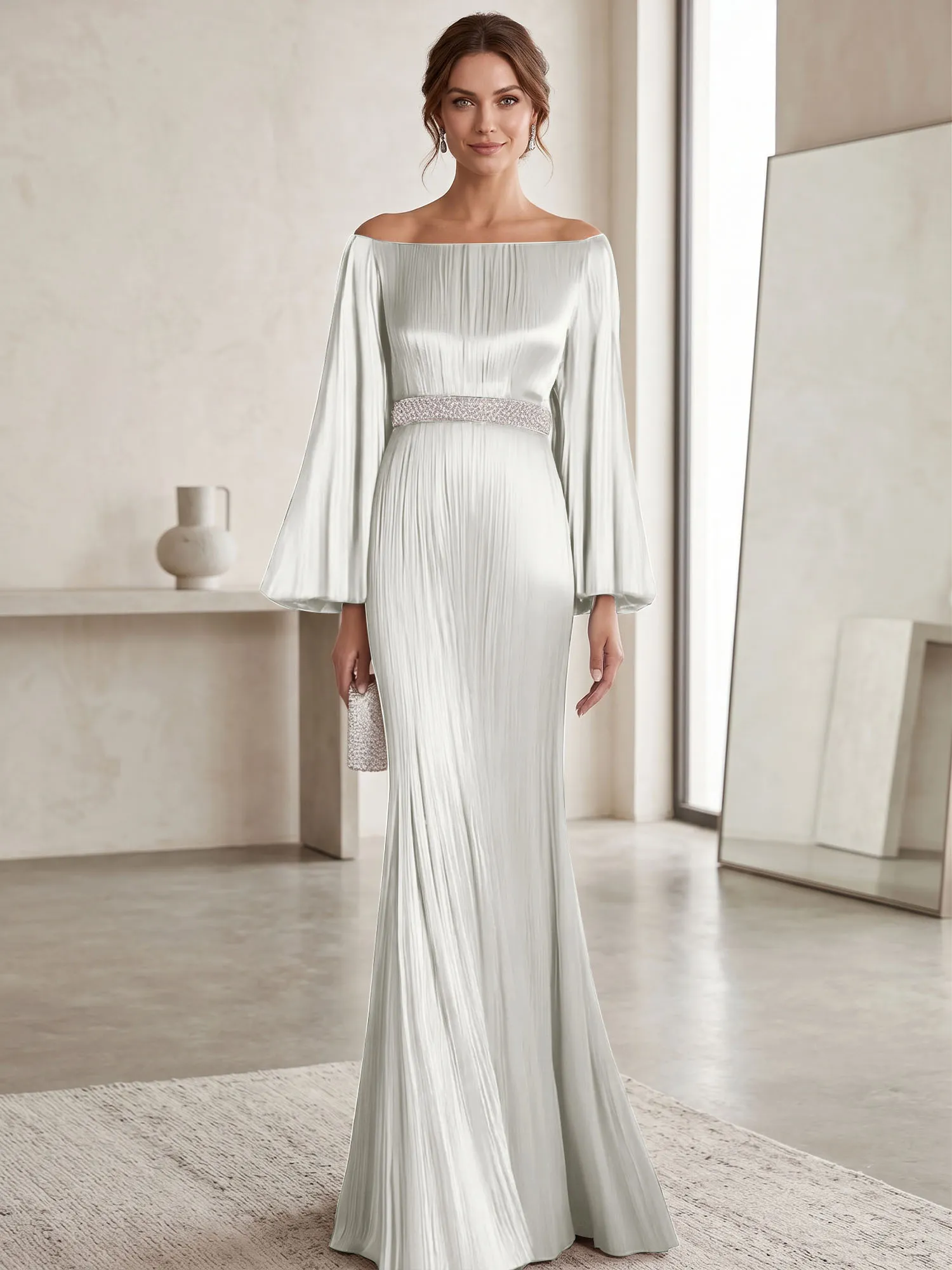 Off-the-Shoulder Pleated Satin Evening Gown with Beaded Waistband
