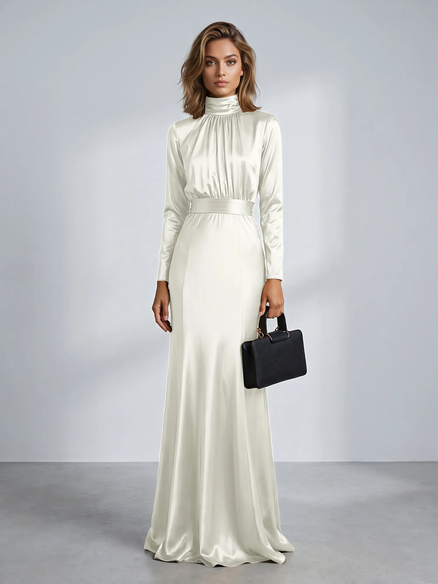High Neck Long Sleeve Satin Mermaid Evening Gown with Waist Sash