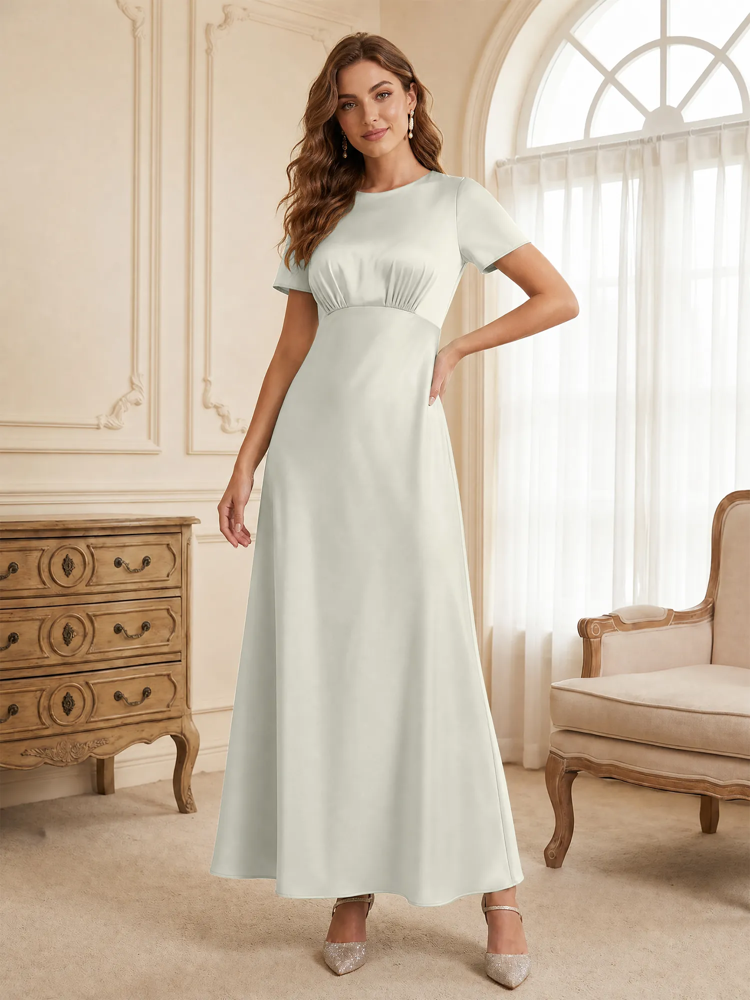 Round Neck Short Sleeve Satin Bridesmaid Dress