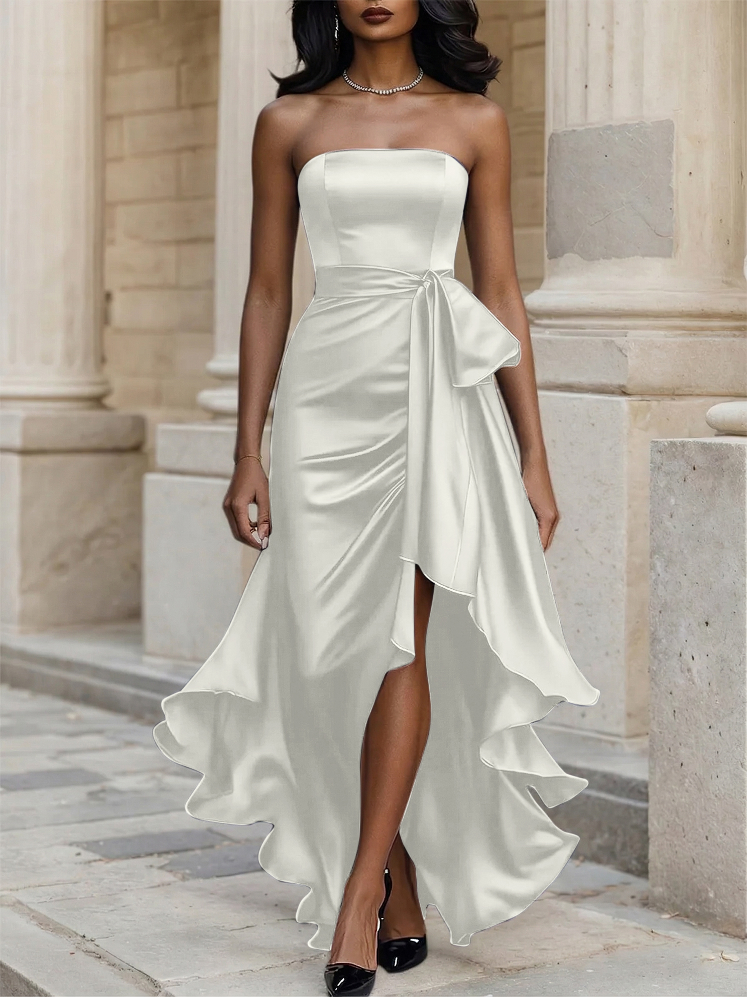 Glamorous Formal Dress Midnight Navy Strapless High-Low Satin Gown Midi Dress