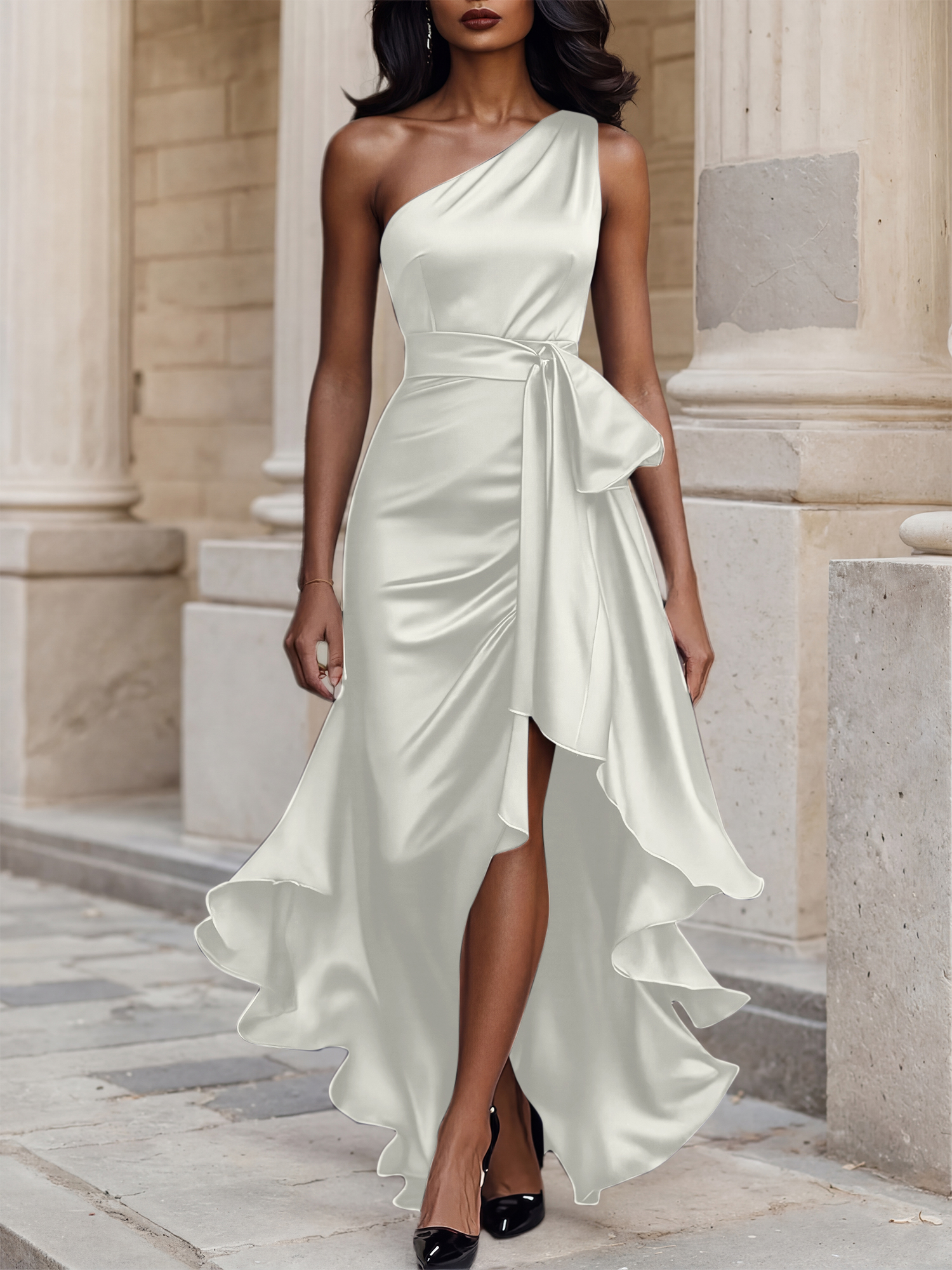 Glamorous Formal Dress Midnight Navy One Shoulder High-Low Satin Gown Midi Dress