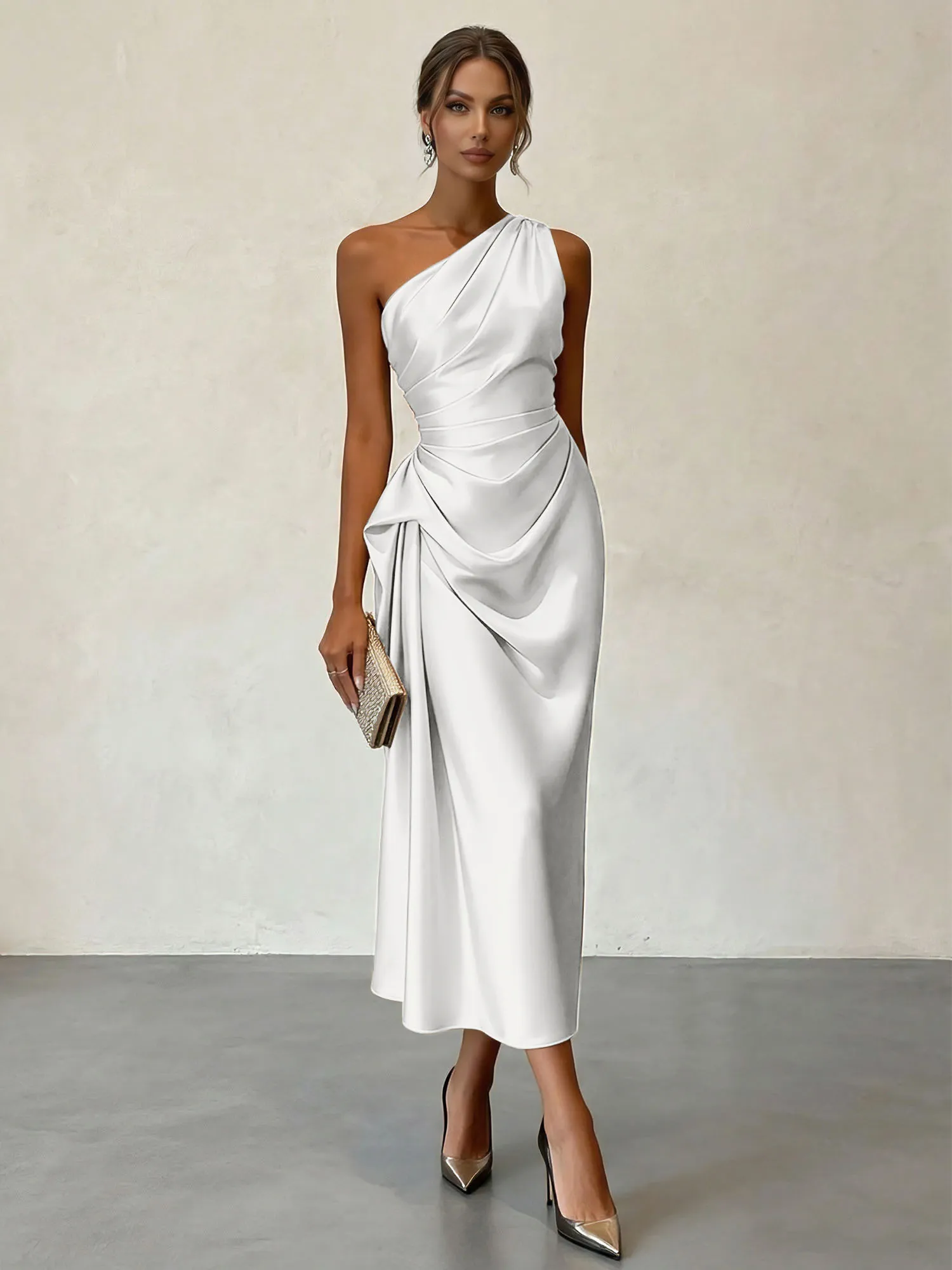 One-Shoulder Ruched Satin Midi Evening Dress with Draped Detail
