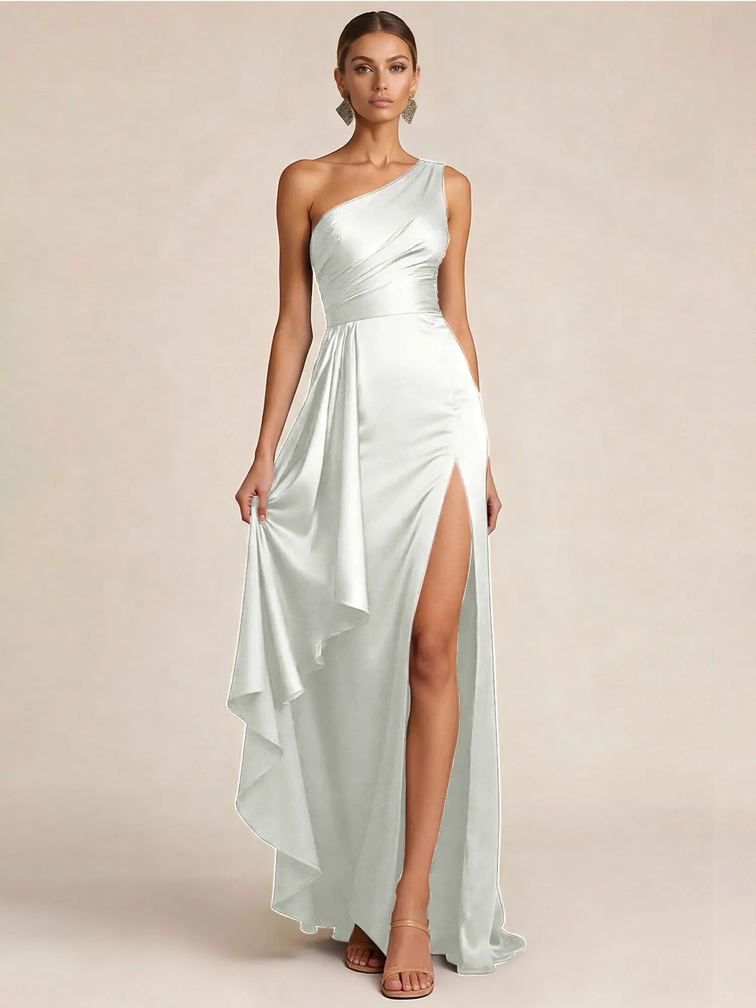 Sleek Foraml Evening Gown Midnight Navy One-Shoulder Satin Slit Maxi Dress