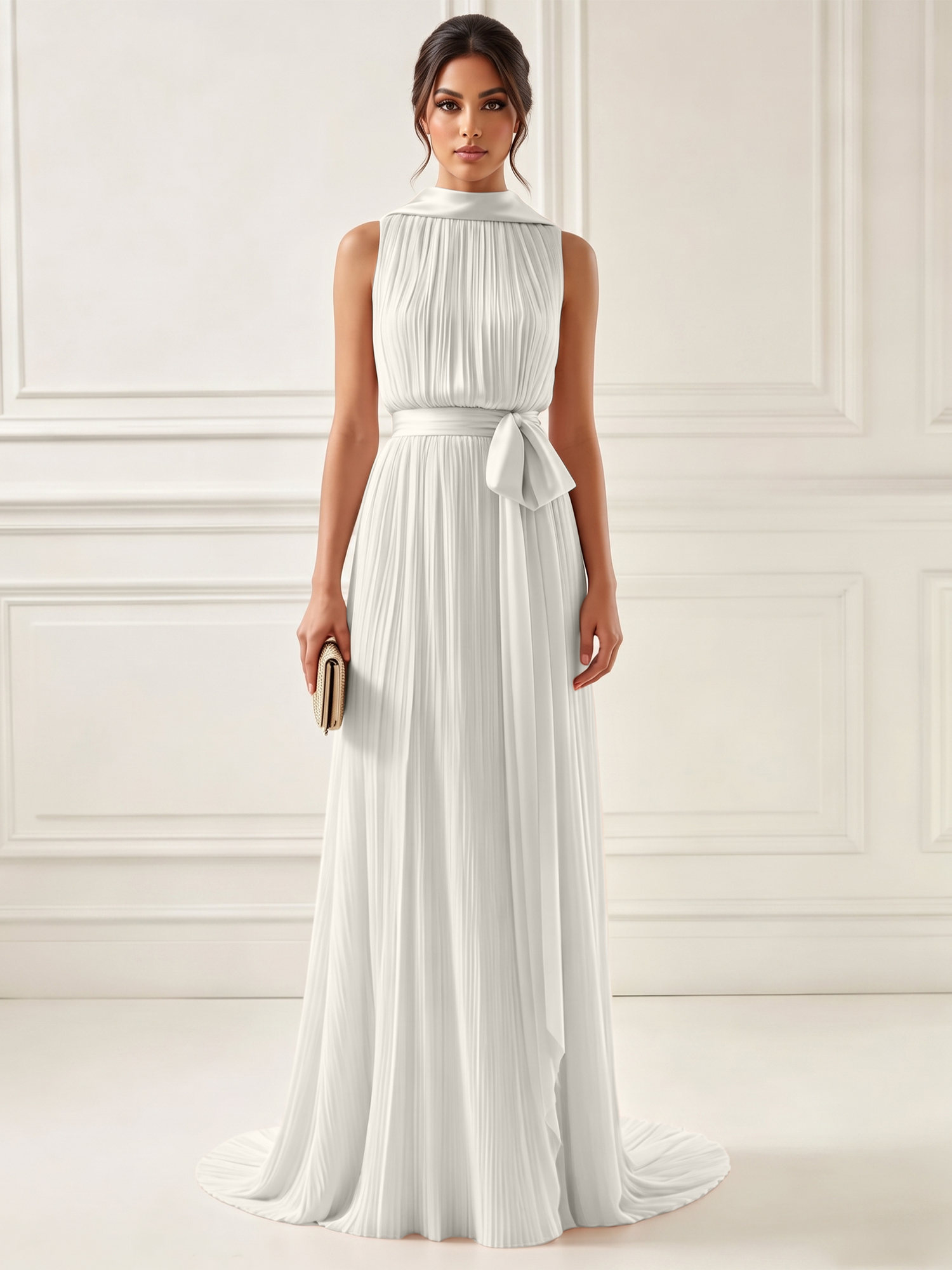 Ethereal Pleated Pastel Pink High Neck Maxi Formal Evening Dress with Satin Sash