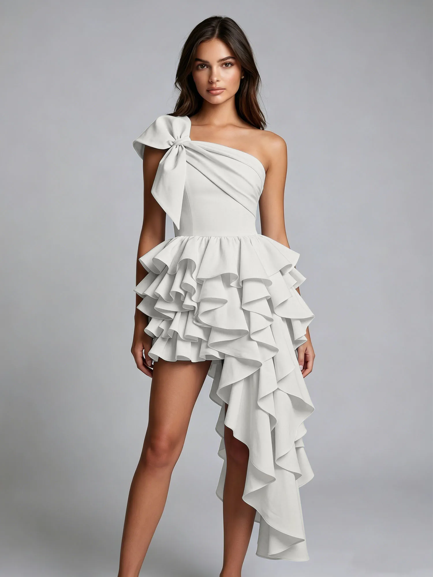 One-Shoulder Bow Tiered Ruffle Asymmetrical Homecoming Dress