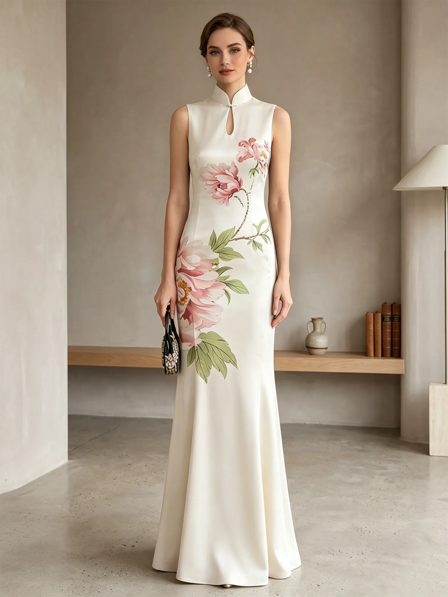 Satin Qipao-Inspired Floral Mermaid Evening Gown